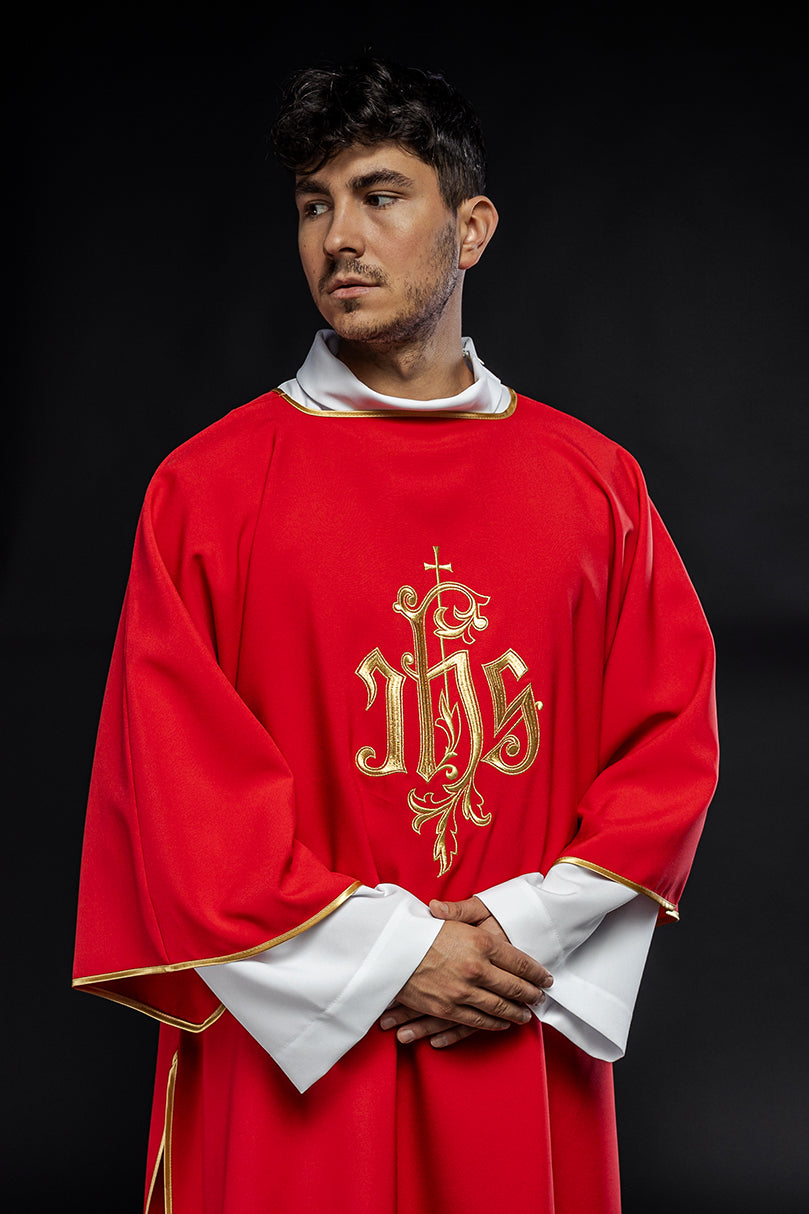 Red dalmatic chasuble with gold IHS