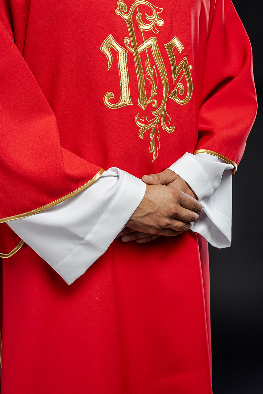 Red dalmatic chasuble with gold IHS - HAFTINAUSA.COM