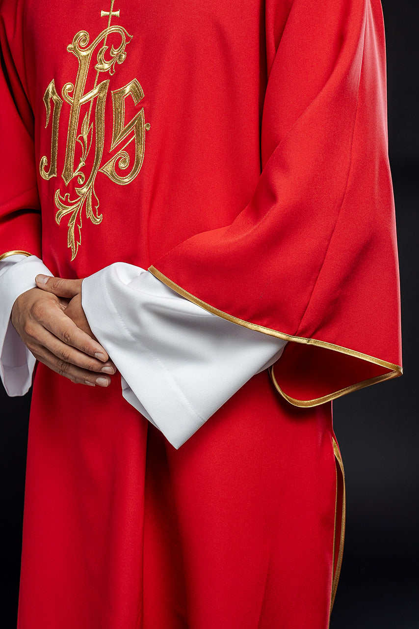 Red dalmatic chasuble with gold IHS