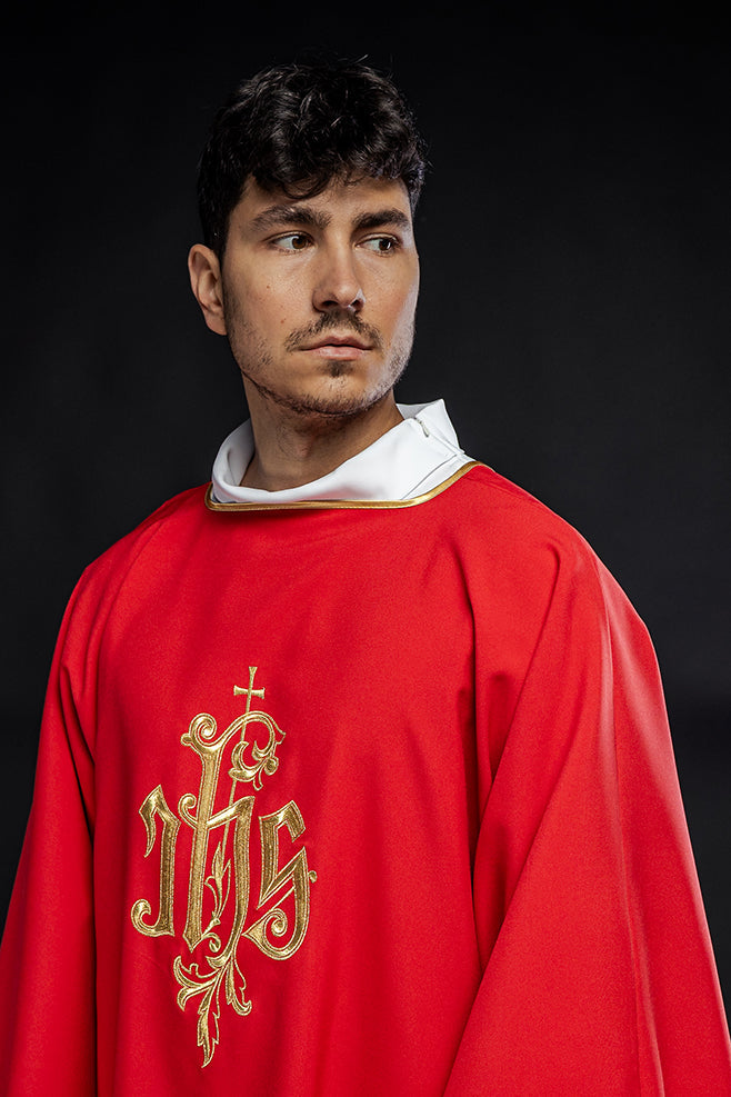 Red dalmatic chasuble with gold IHS - HAFTINAUSA.COM