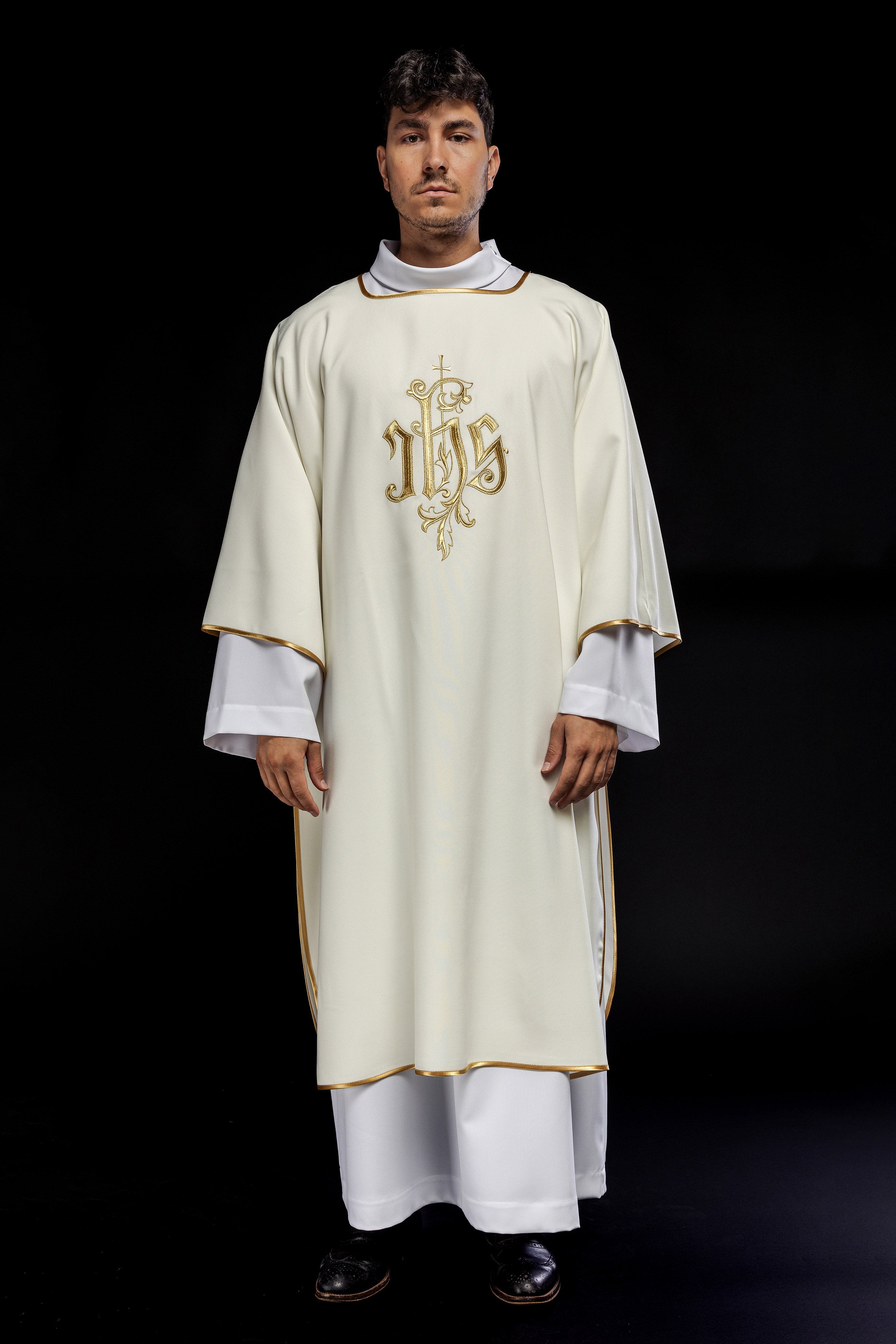 Ecru dalmatic chasuble with classic JHS