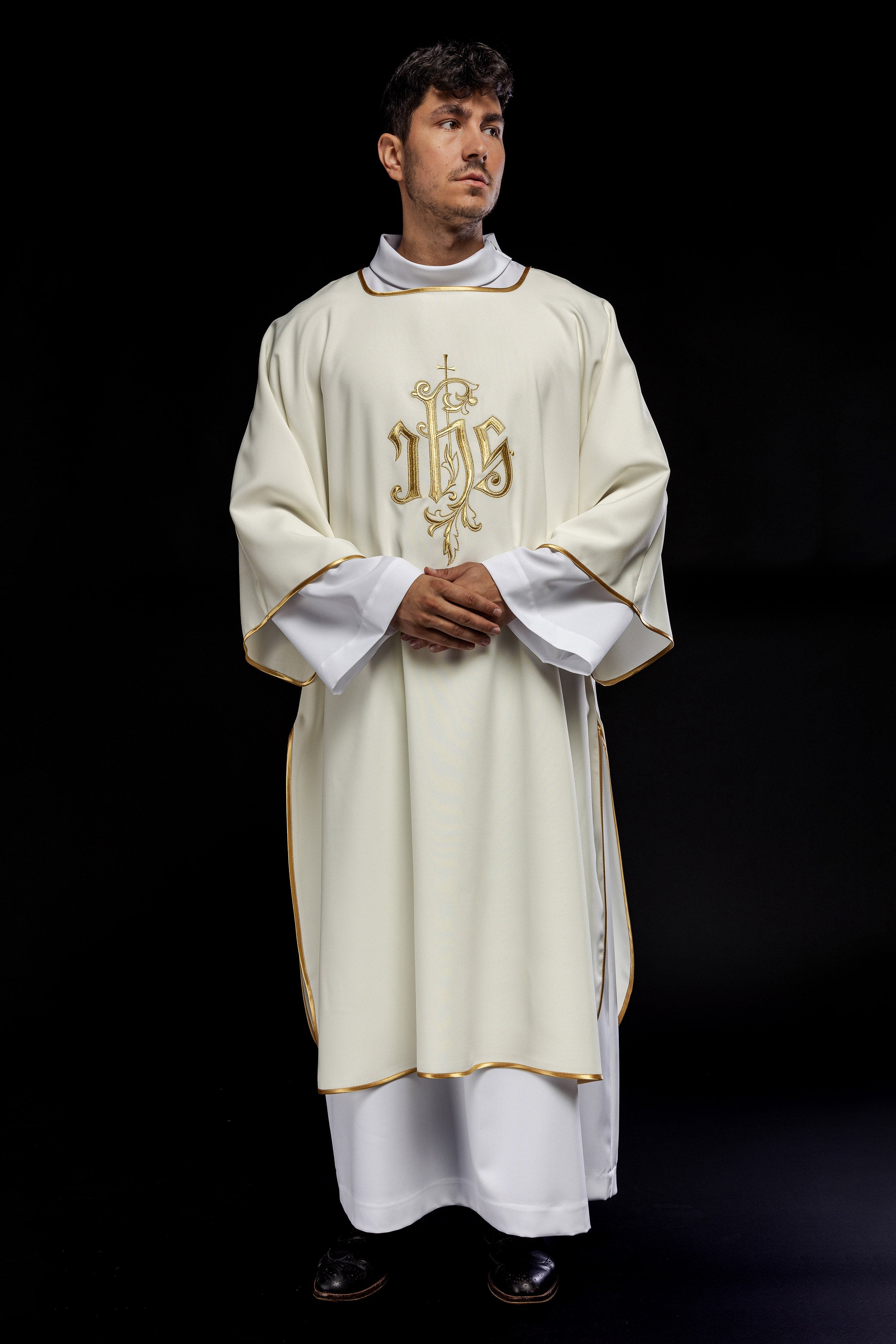 Ecru dalmatic chasuble with classic JHS