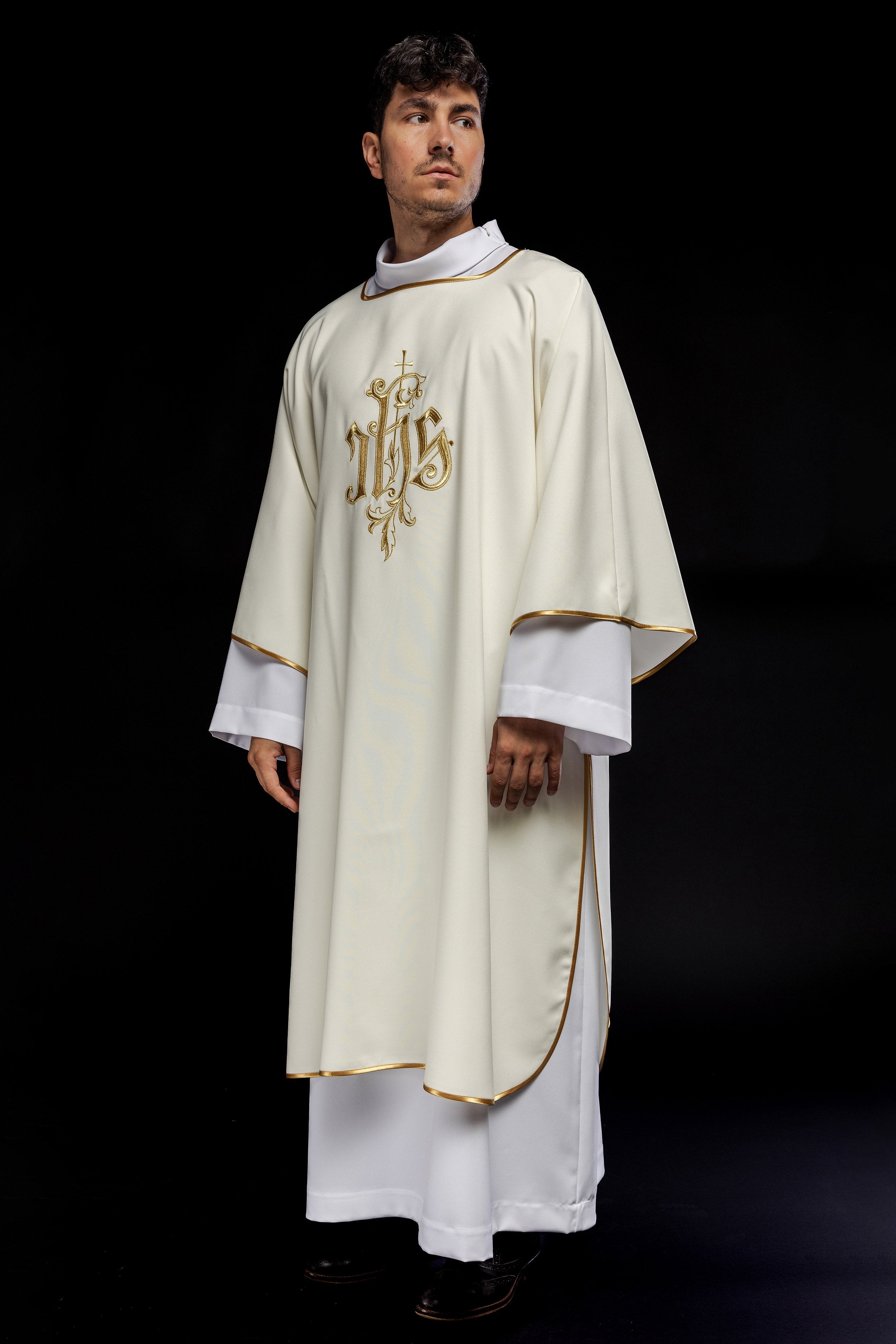 Ecru dalmatic chasuble with classic JHS