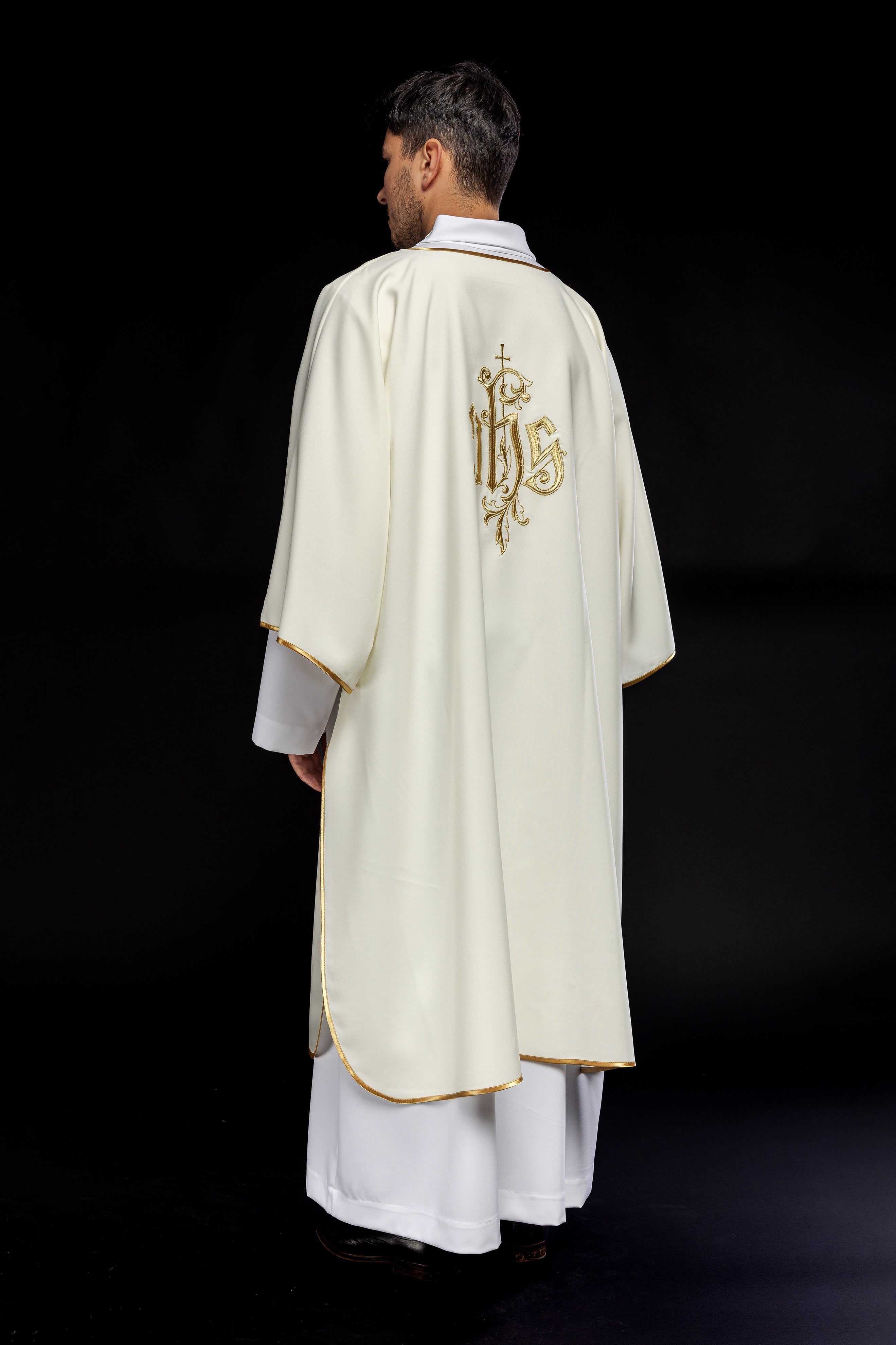 Ecru dalmatic chasuble with classic JHS