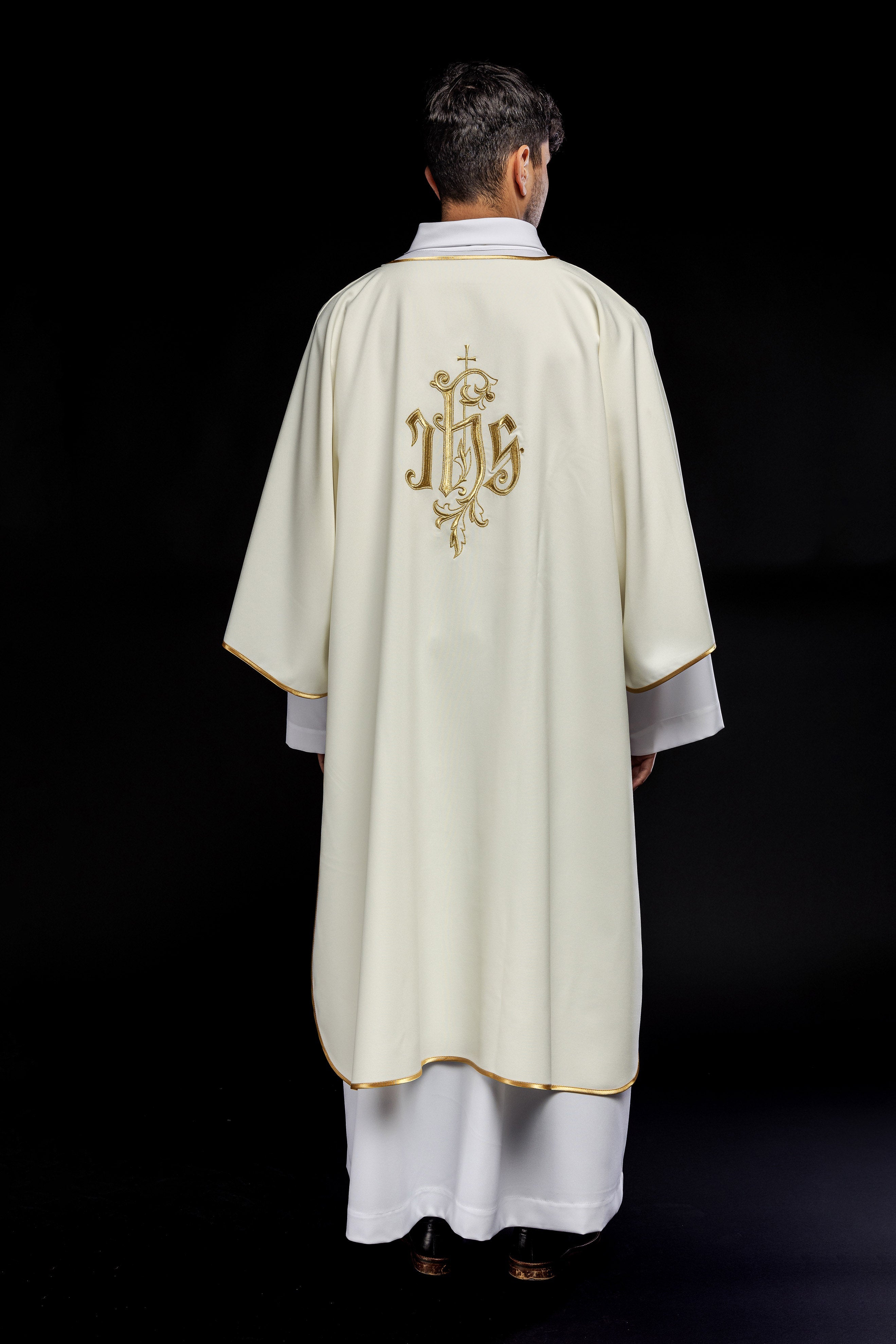 Ecru dalmatic chasuble with classic JHS