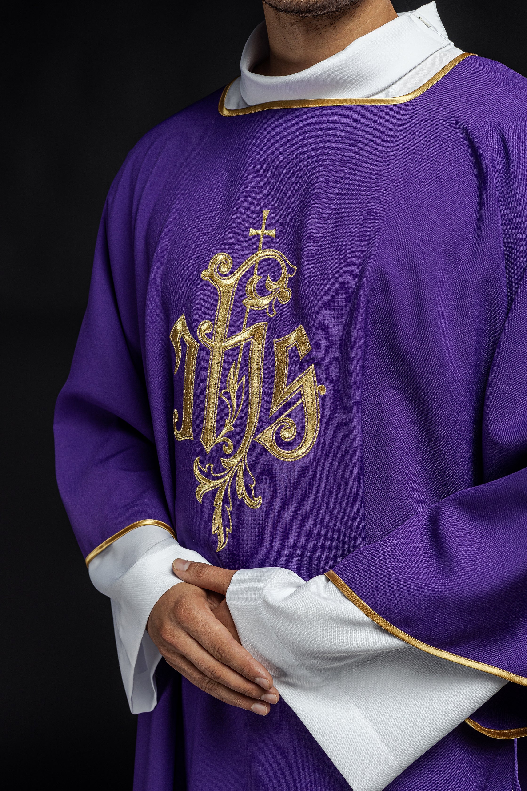 Embroidered dalmatic chasuble with IHS