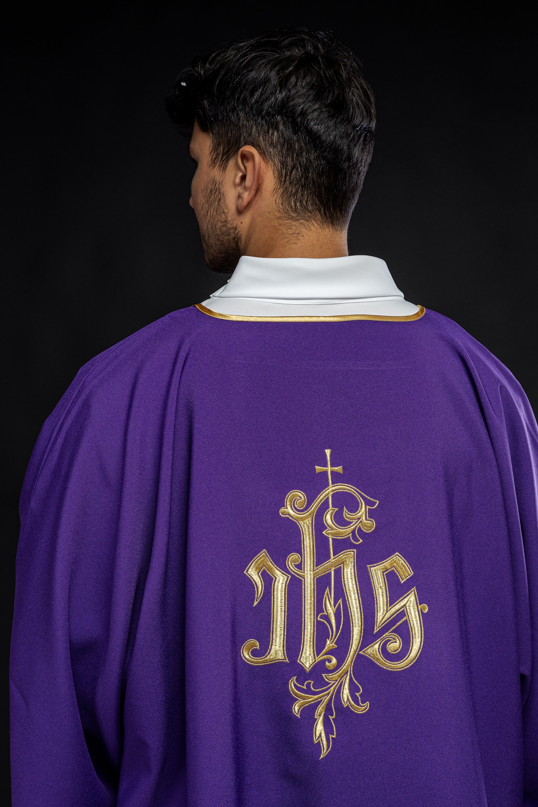 Embroidered dalmatic chasuble with IHS