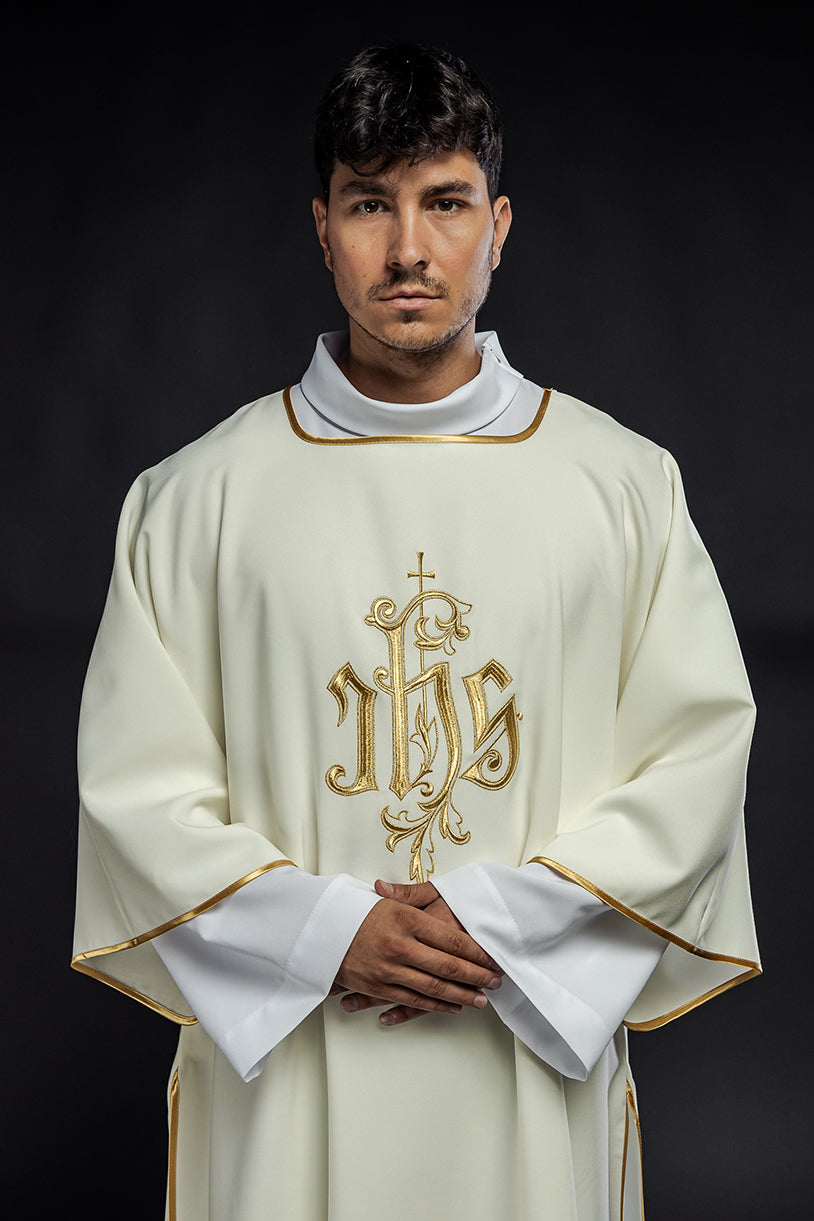 Ecru dalmatic chasuble with classic JHS