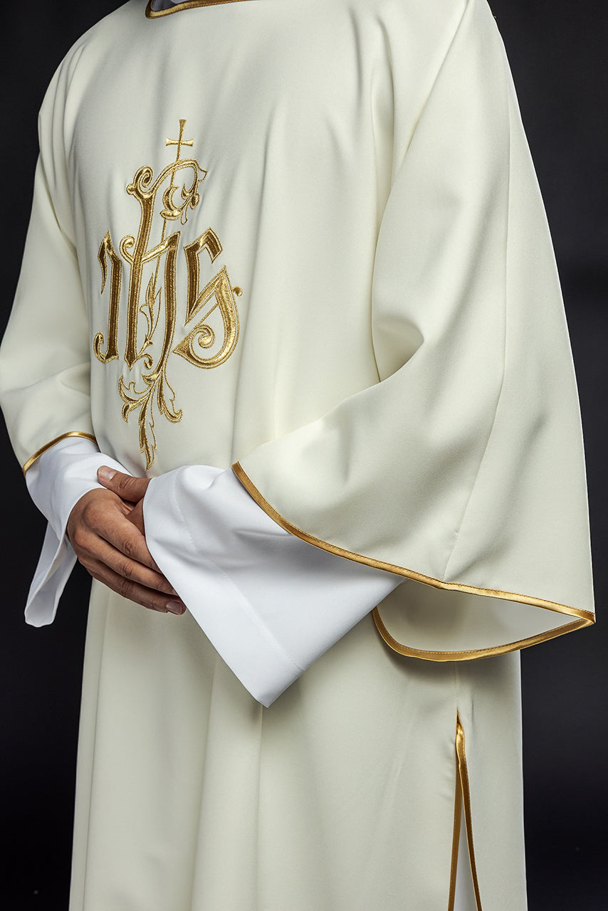 Ecru dalmatic chasuble with classic JHS