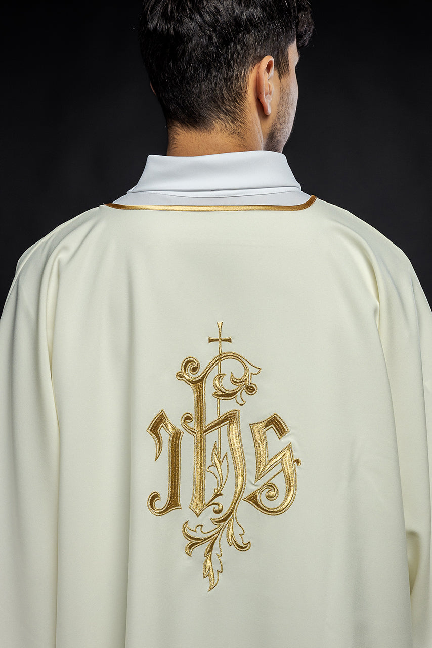 Ecru dalmatic chasuble with classic JHS