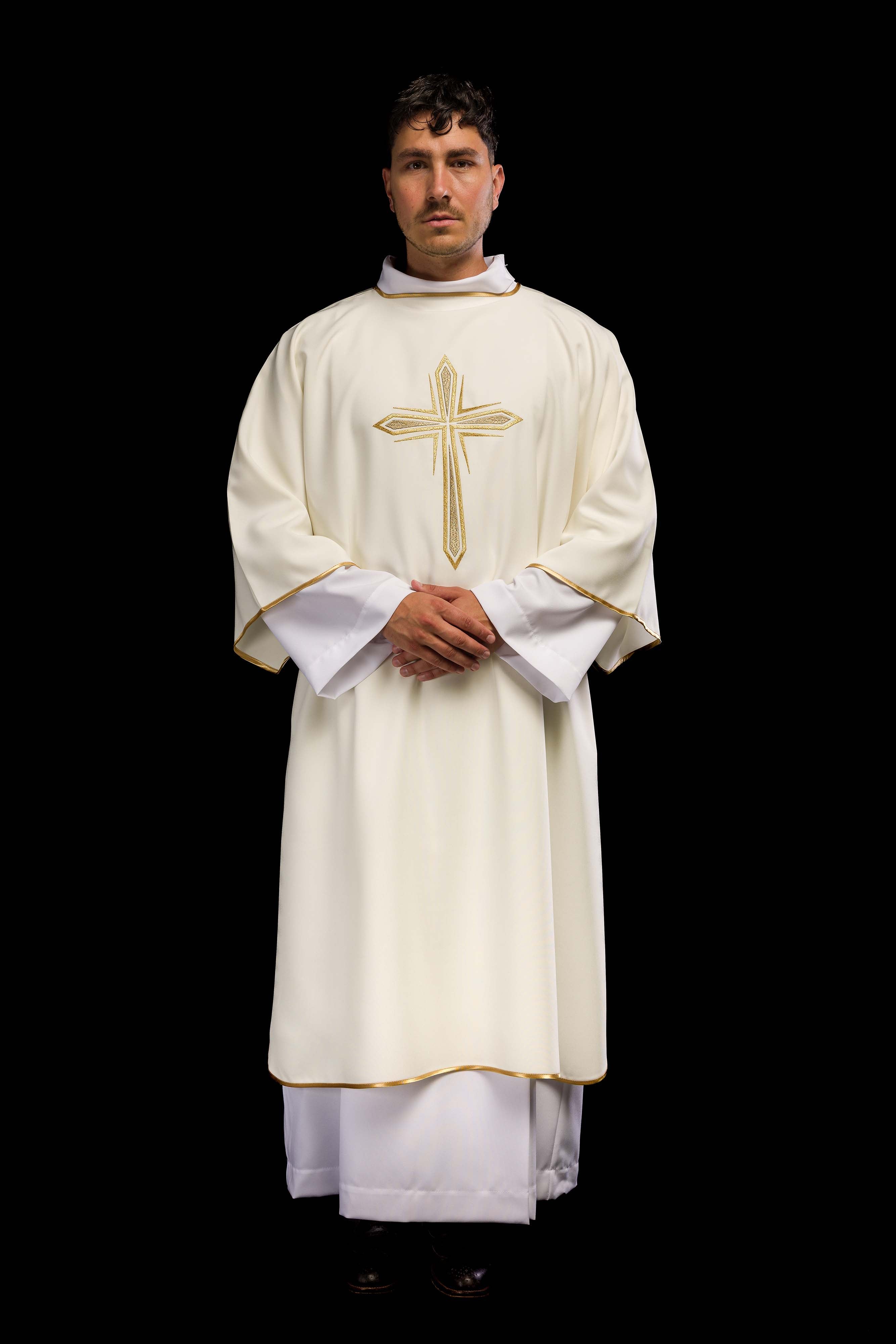 Ecru dalmatic with embroidered golden cross