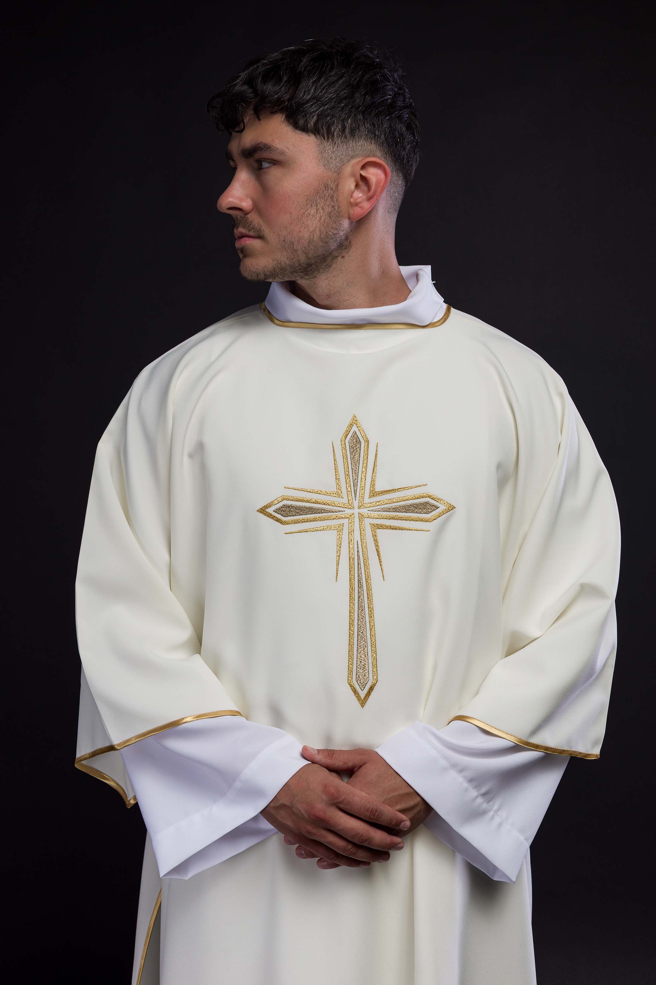 Ecru dalmatic with embroidered golden cross