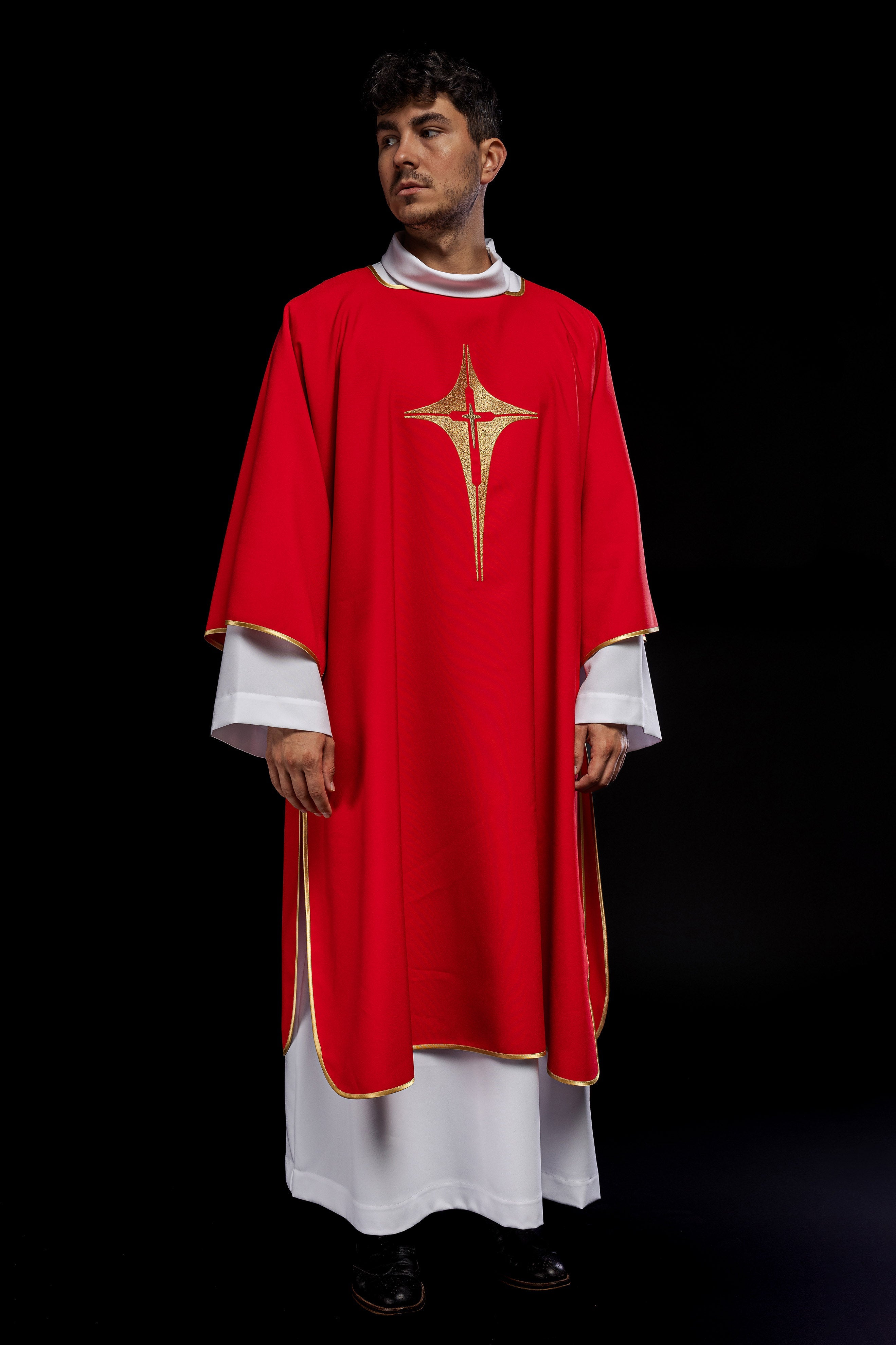 Red liturgical dalmatic with gold cross