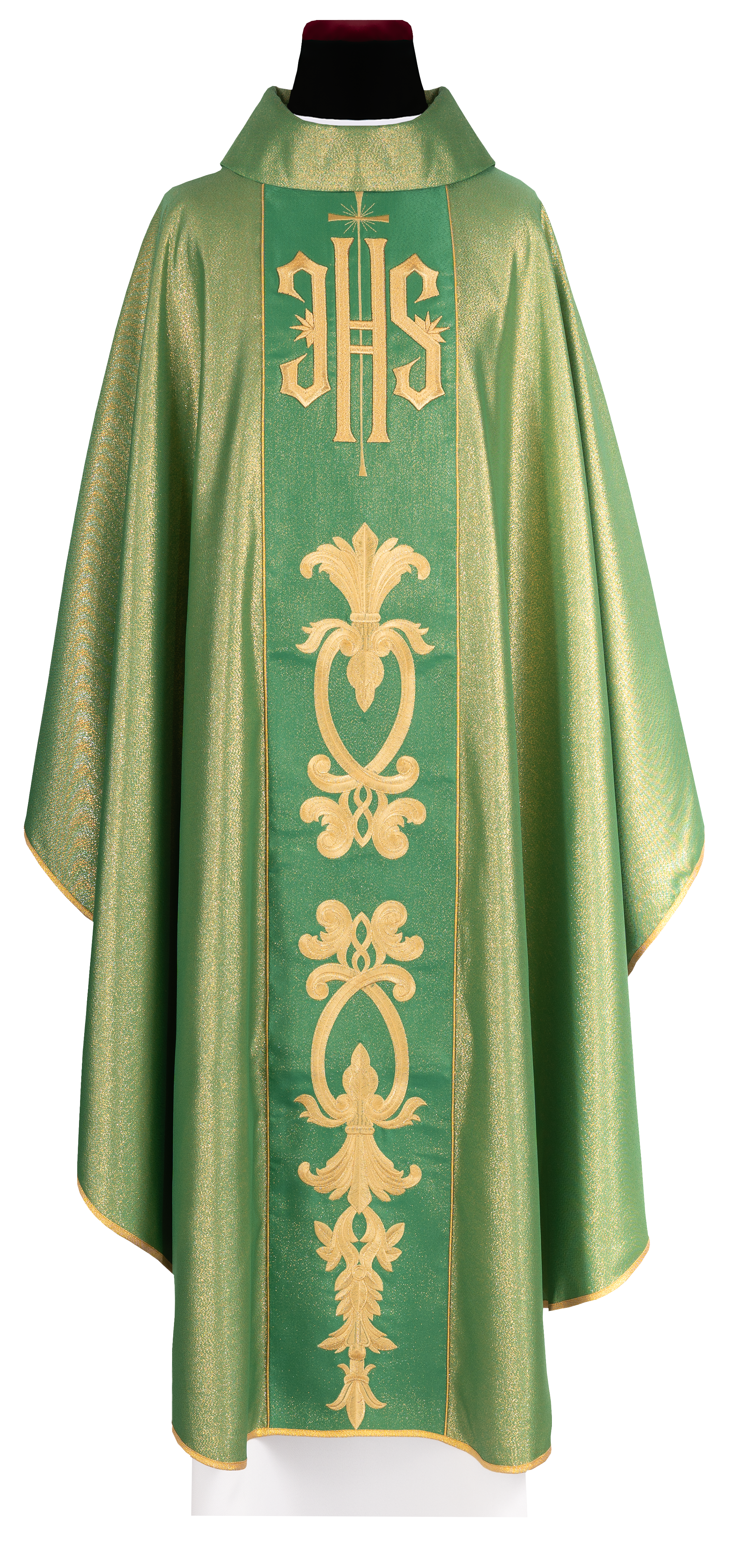 Richly decorated green chasuble with golden motifs and a wide IHS band