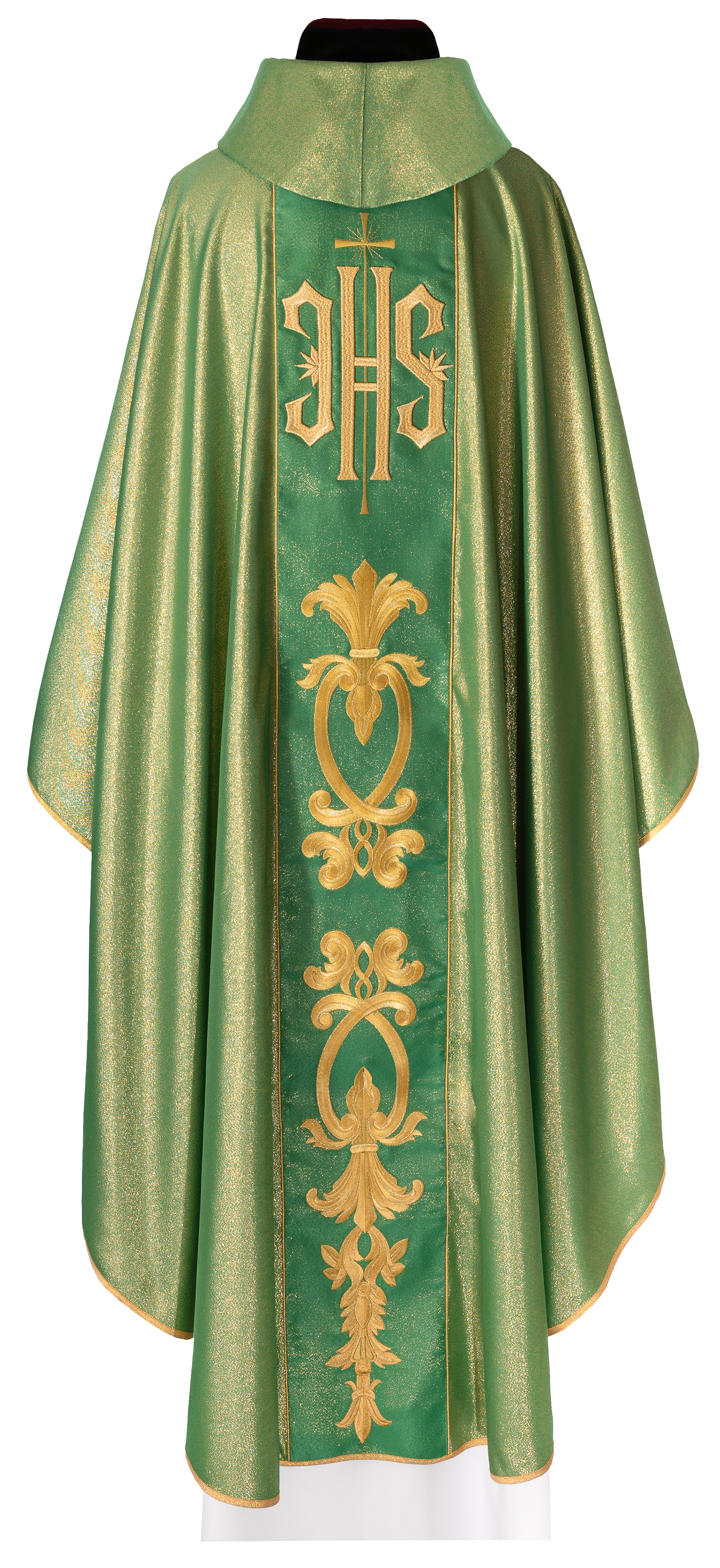 Richly decorated green chasuble with golden motifs and a wide IHS band
