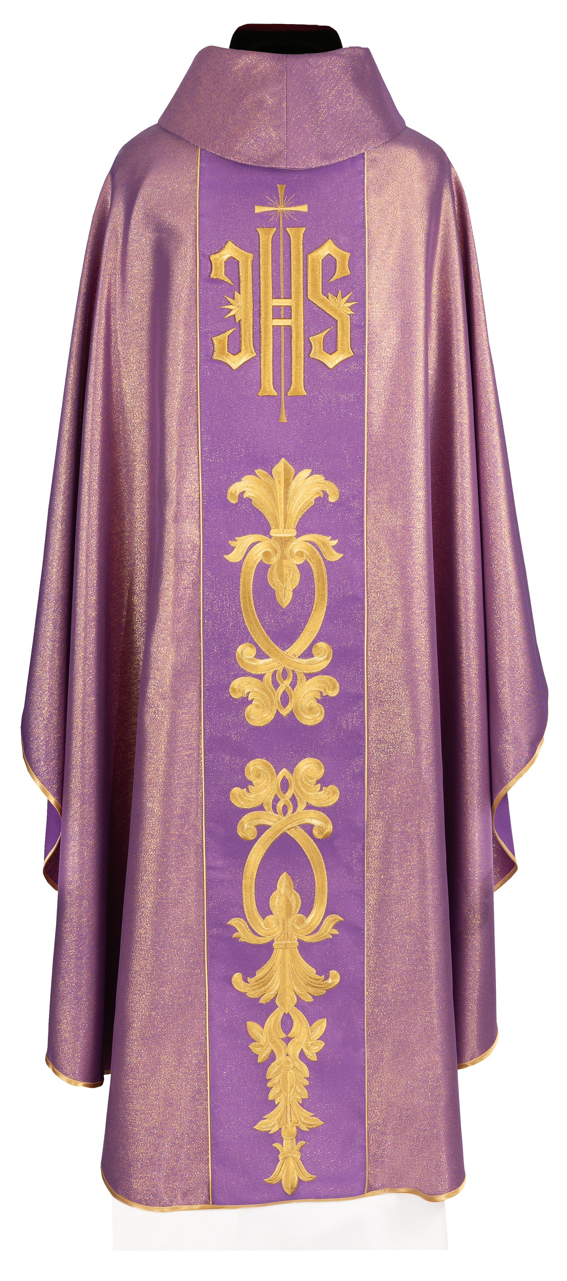 Richly decorated purple chasuble with golden motifs and a wide IHS band