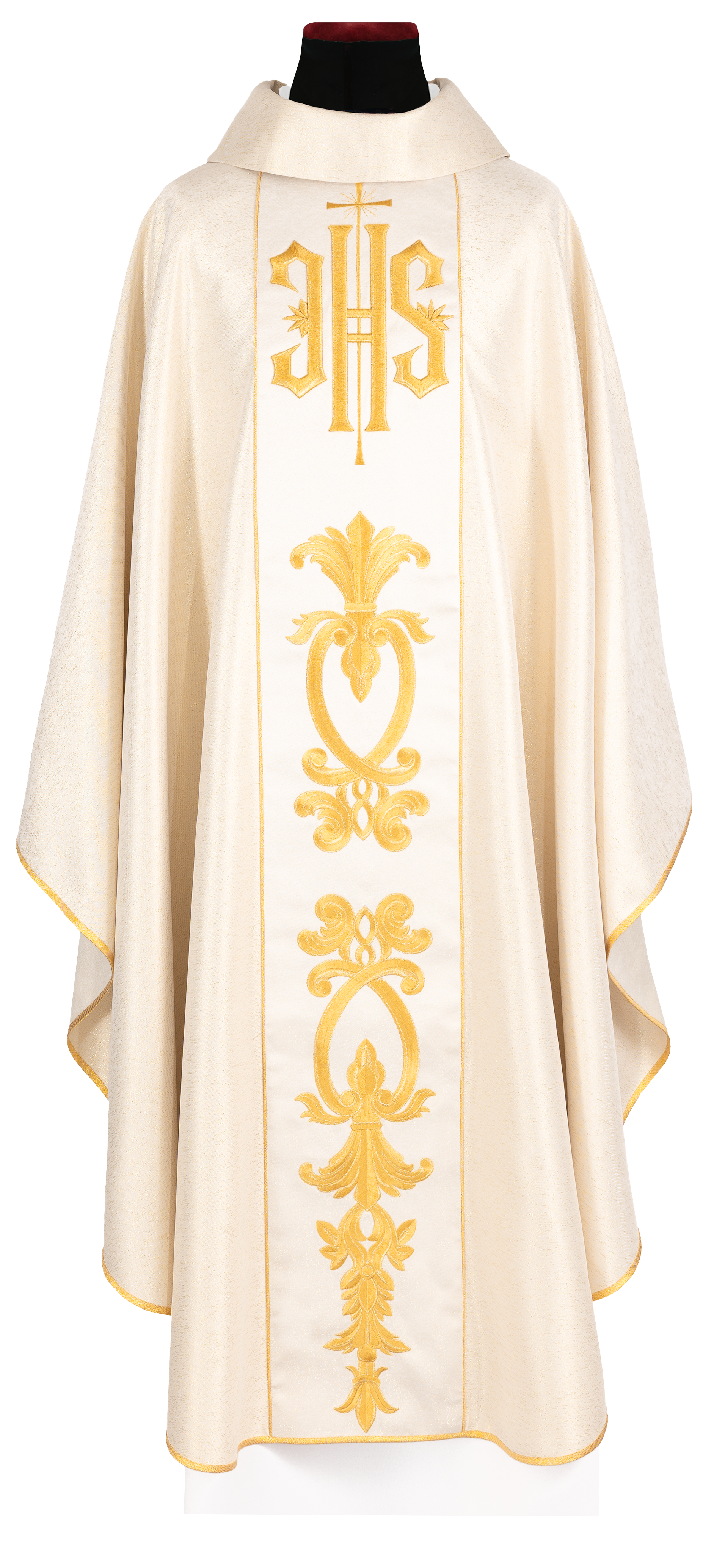 Richly decorated gold chasuble with golden motifs and a wide IHS band