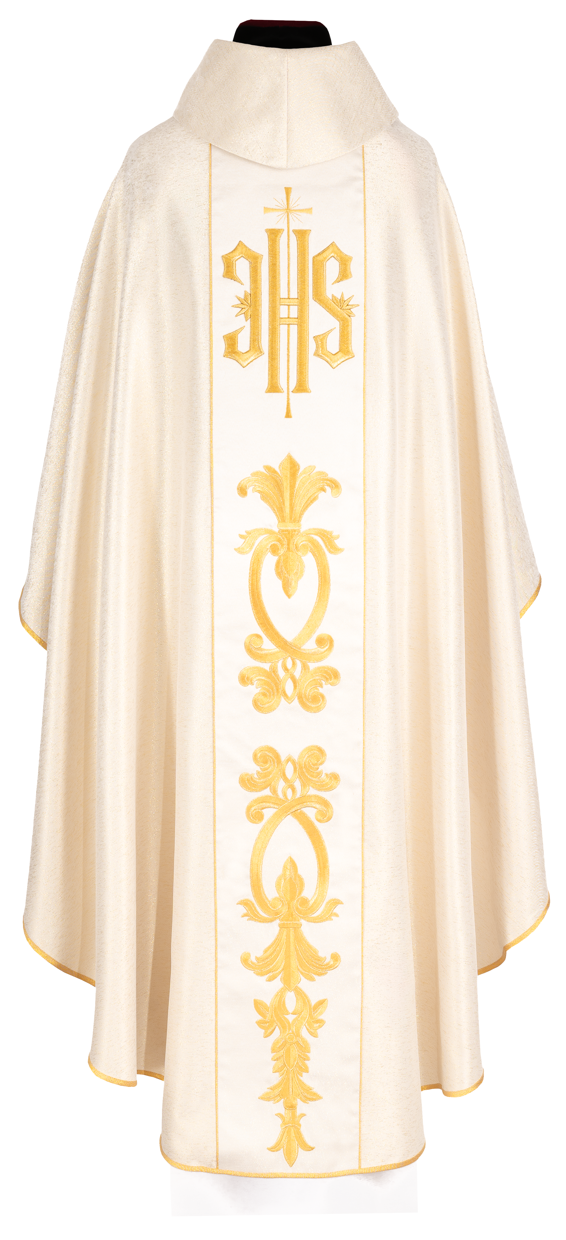 Richly decorated gold chasuble with golden motifs and a wide IHS band