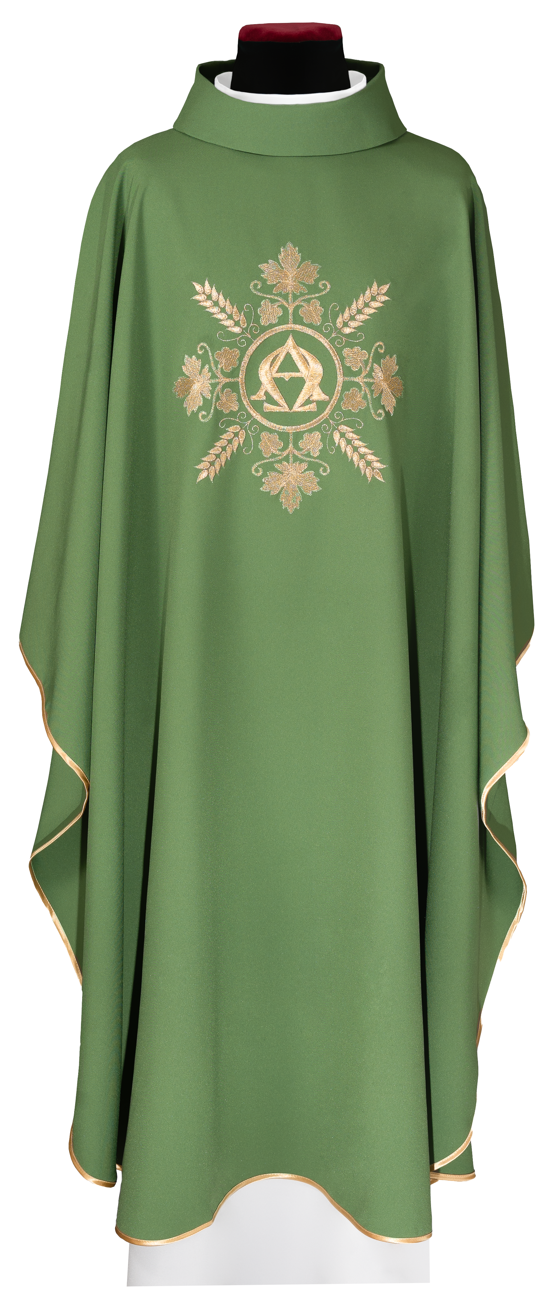 Embroidered green chasuble with Alpha and Omega symbols and wheat motifs