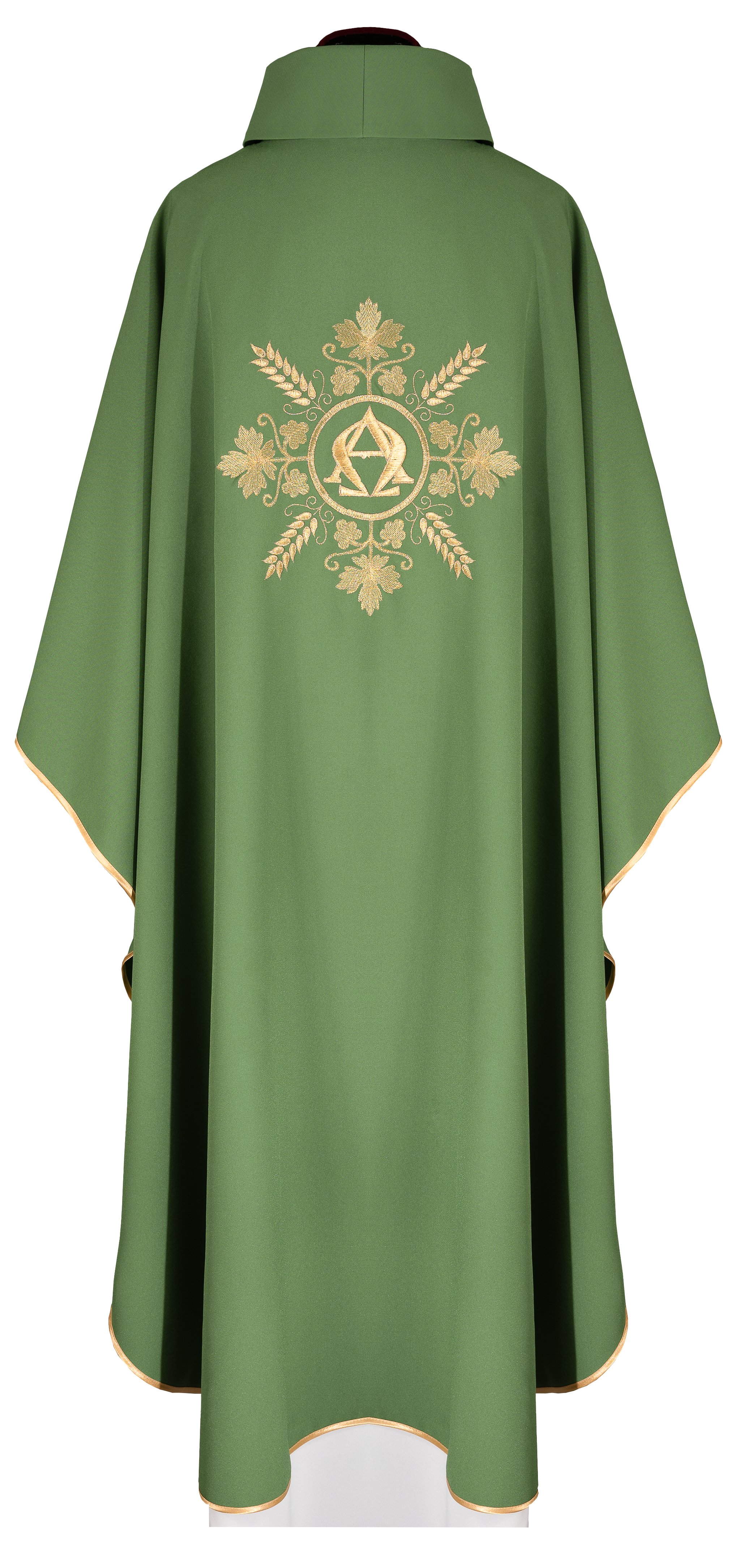 Embroidered green chasuble with Alpha and Omega symbols and wheat motifs