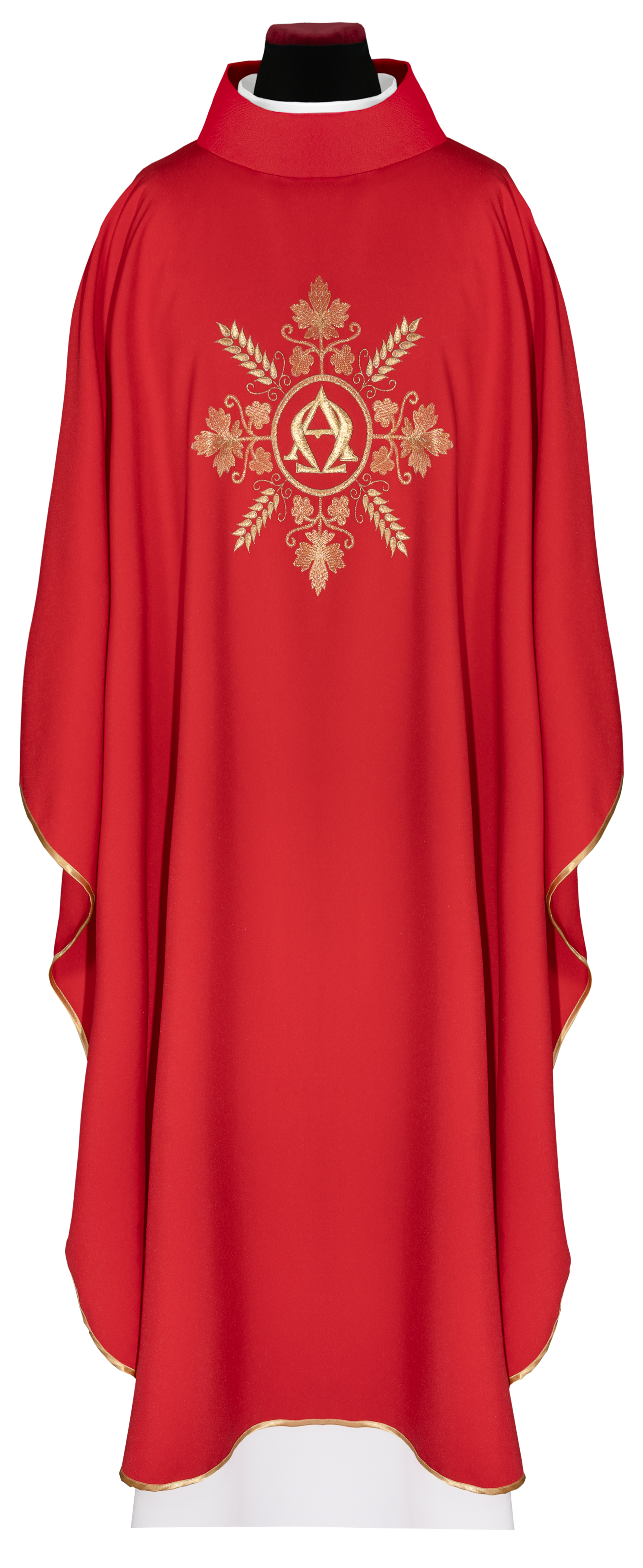 Embroidered red chasuble with Alpha and Omega symbols and wheat motifs