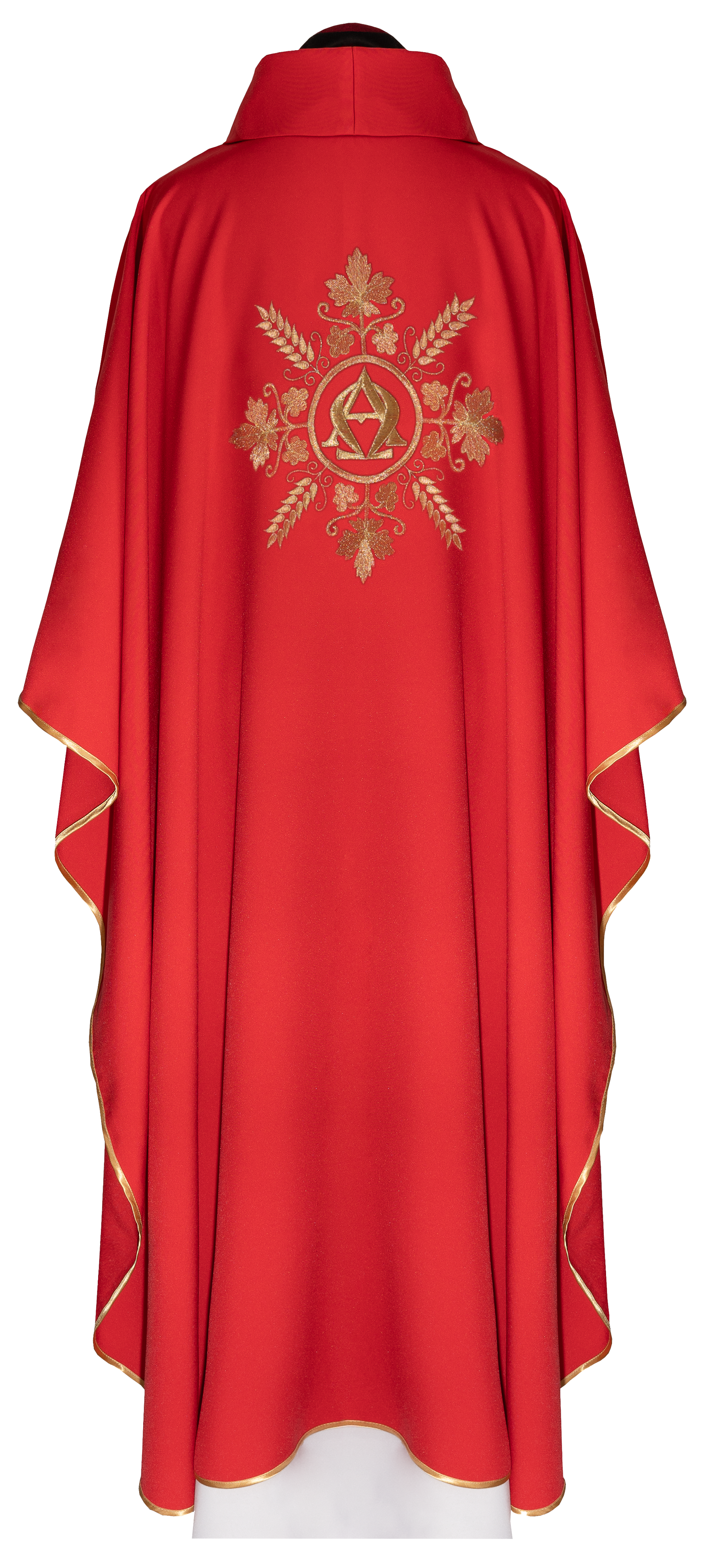 Embroidered red chasuble with Alpha and Omega symbols and wheat motifs