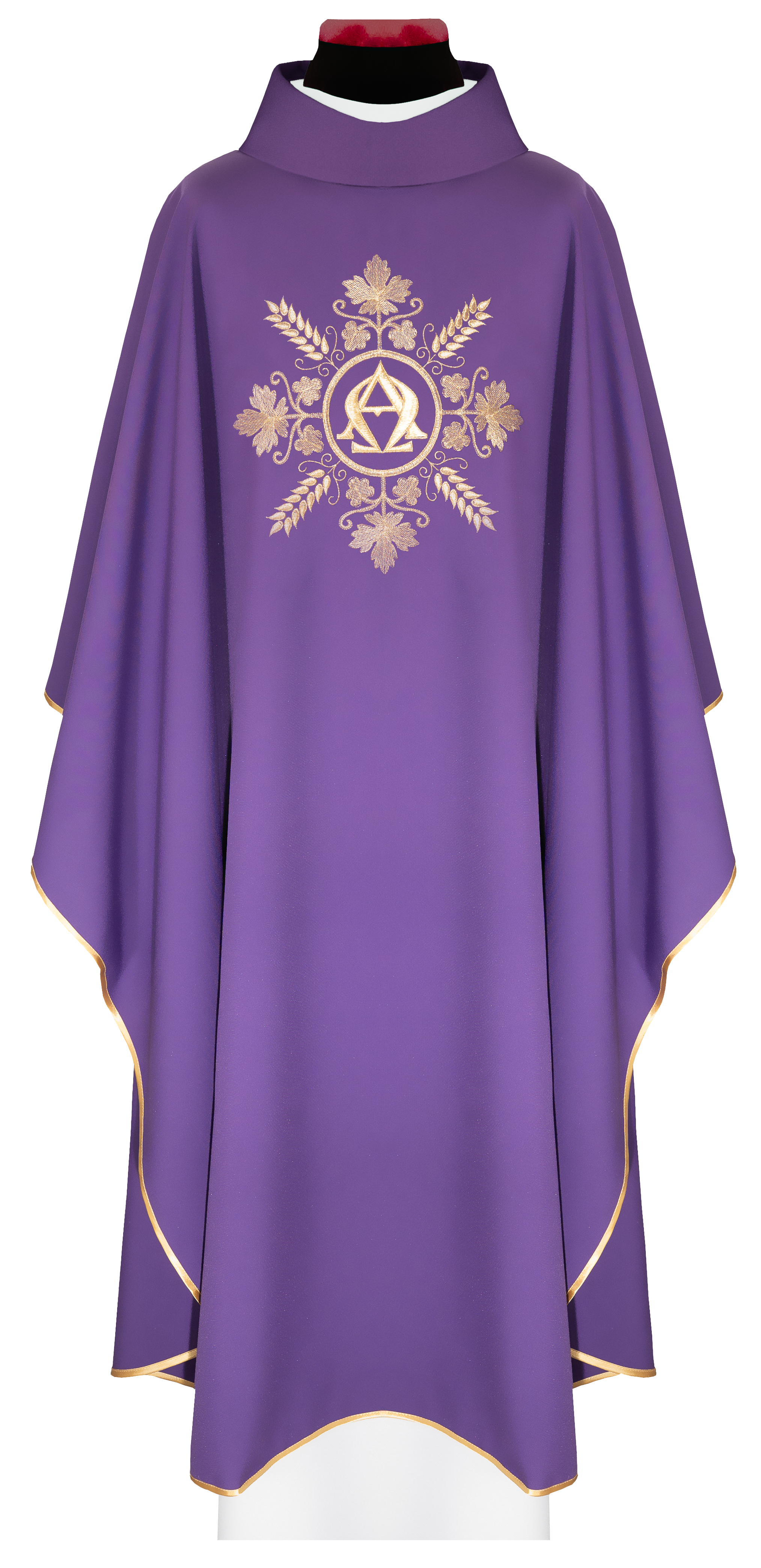Embroidered purple chasuble with Alpha and Omega symbols and wheat motifs