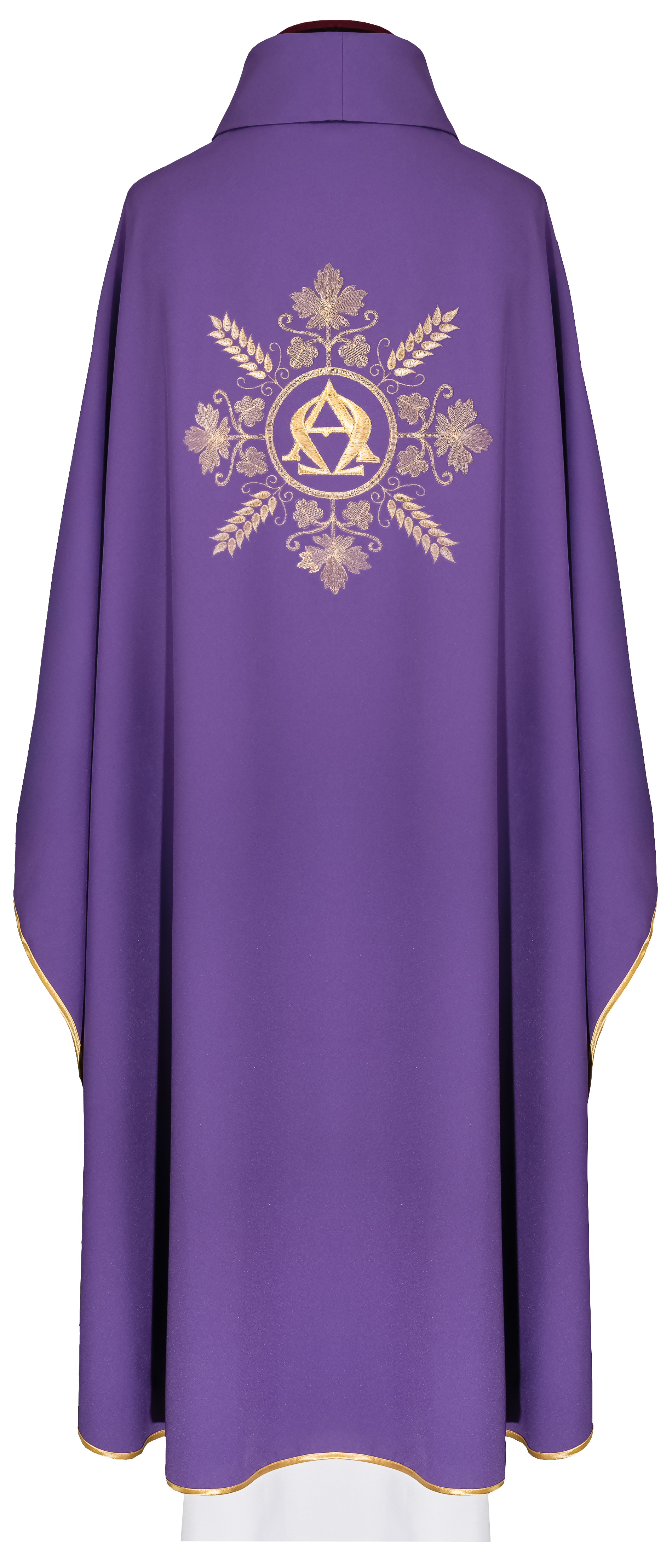 Embroidered purple chasuble with Alpha and Omega symbols and wheat motifs