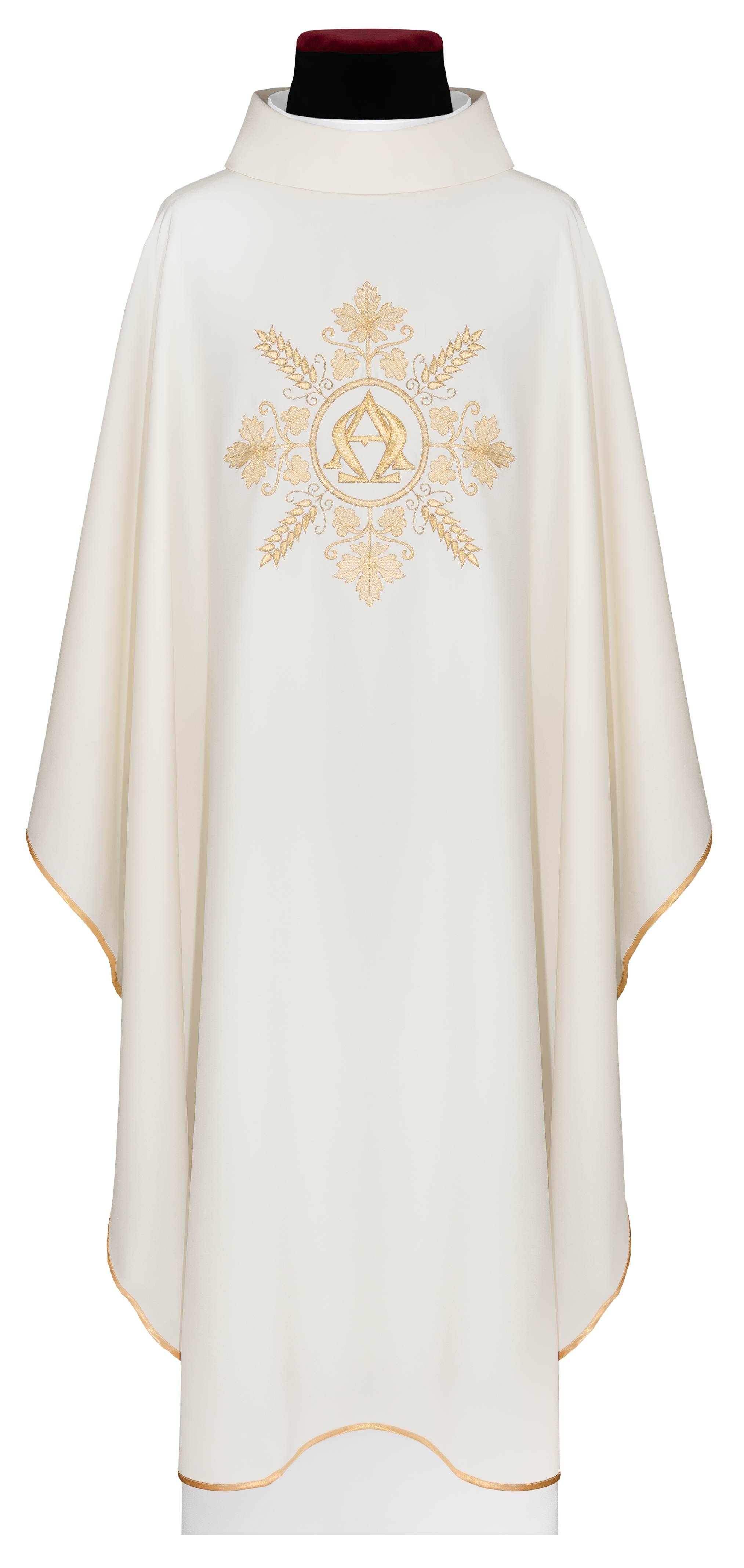 Embroidered ecru chasuble with Alpha and Omega symbols and wheat motifs