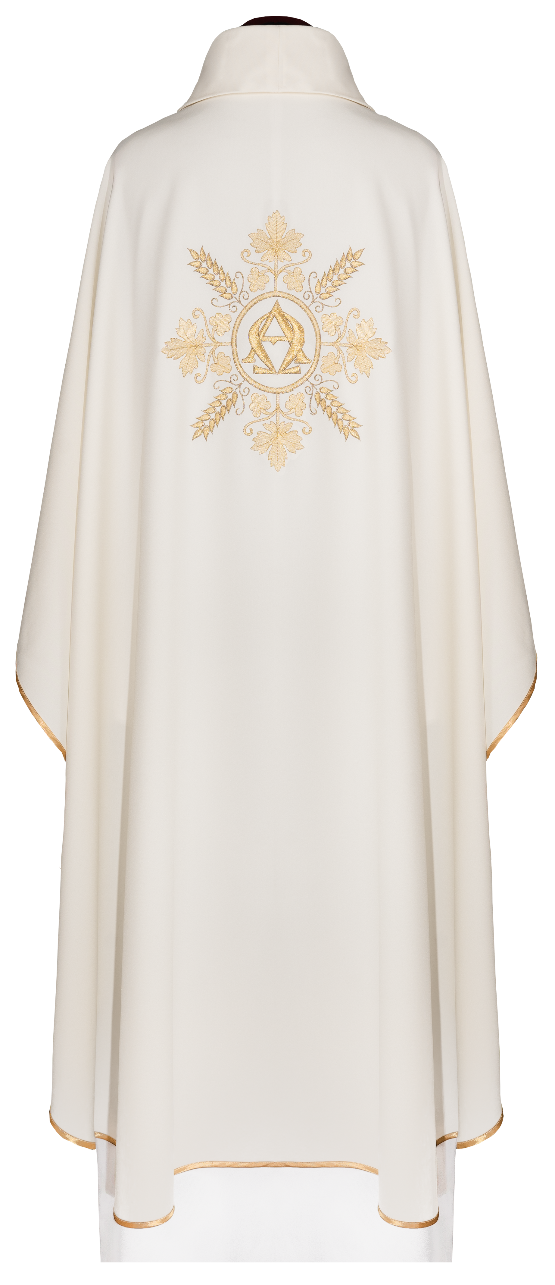 Embroidered ecru chasuble with Alpha and Omega symbols and wheat motifs