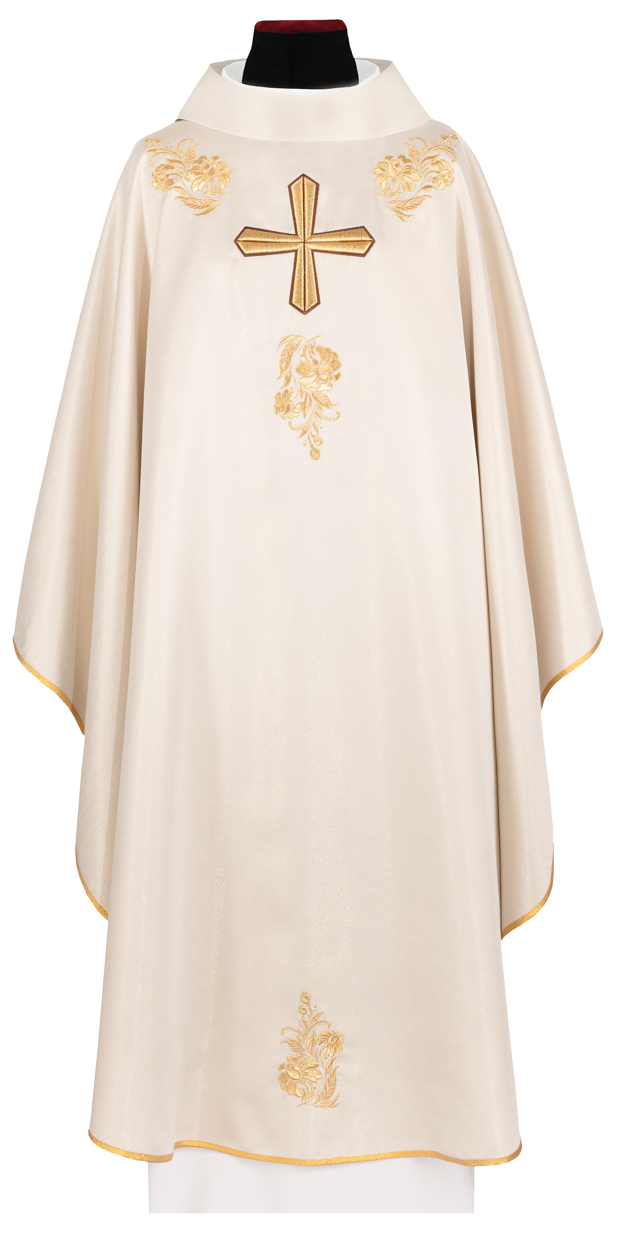 Chasuble with richly embroidered cross and collar in ecru color