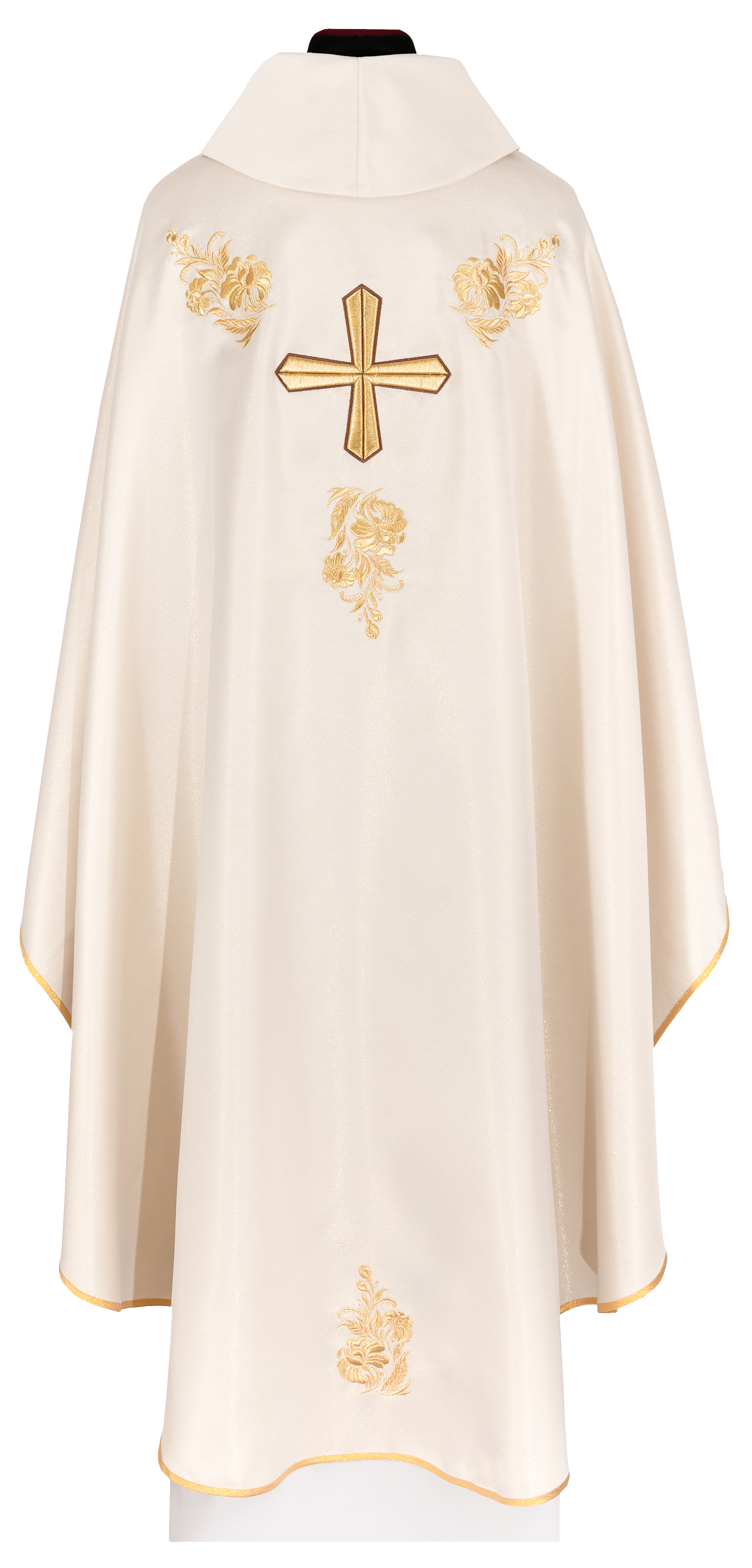 Chasuble with richly embroidered cross and collar in ecru color