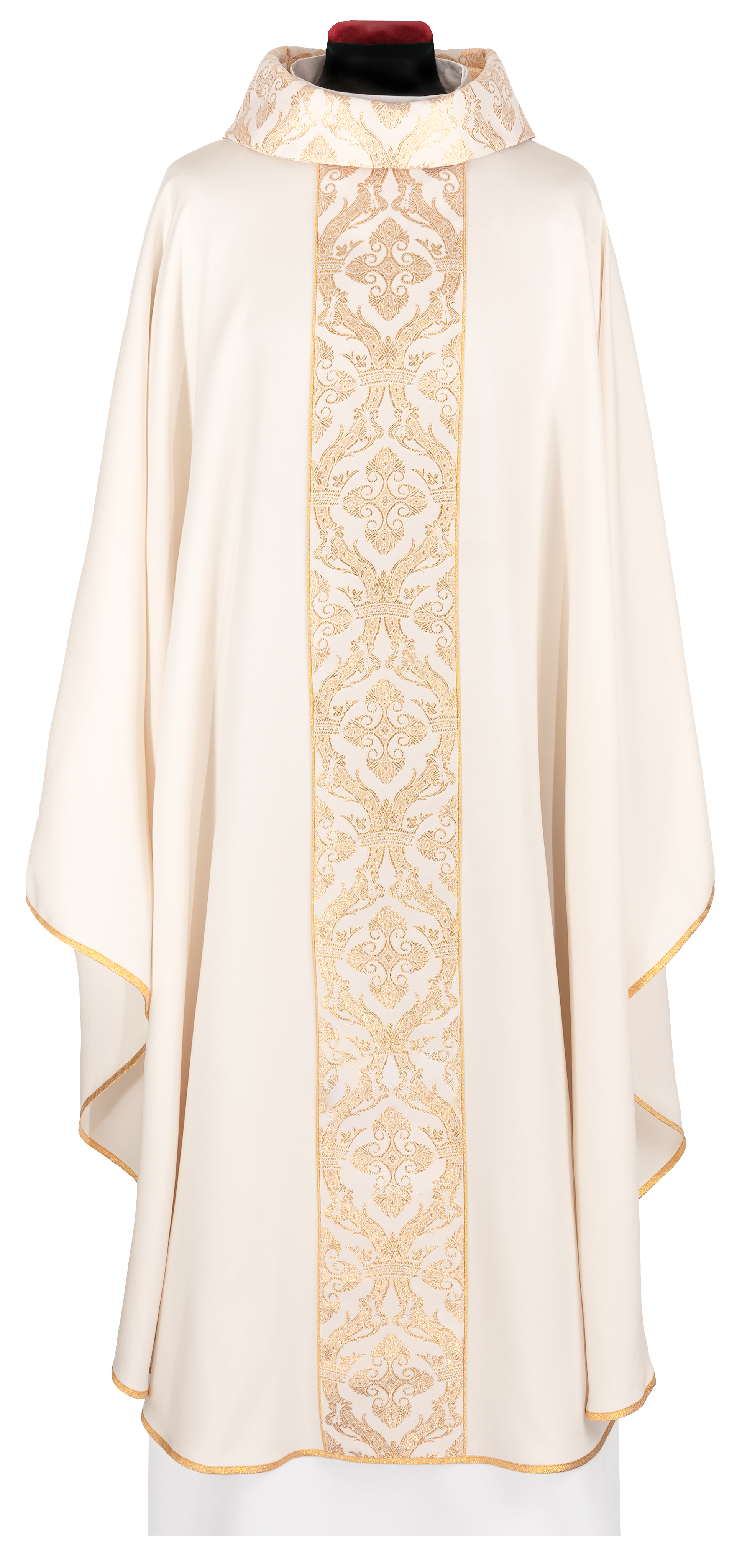 Liturgical chasuble with an embroidered band and collar in ecru color