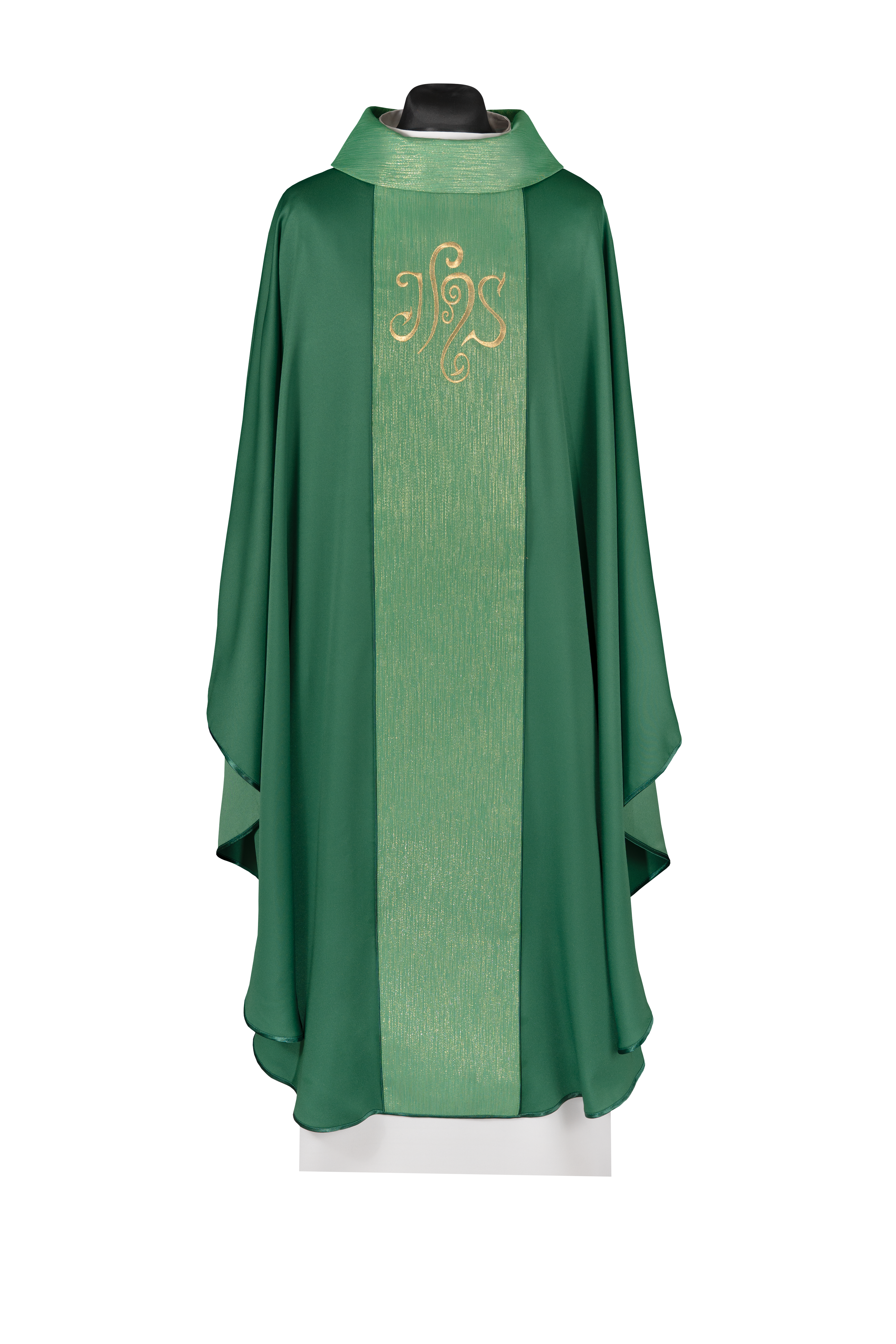 Green chasuble adorned with a decorative band and embroidered IHS symbol