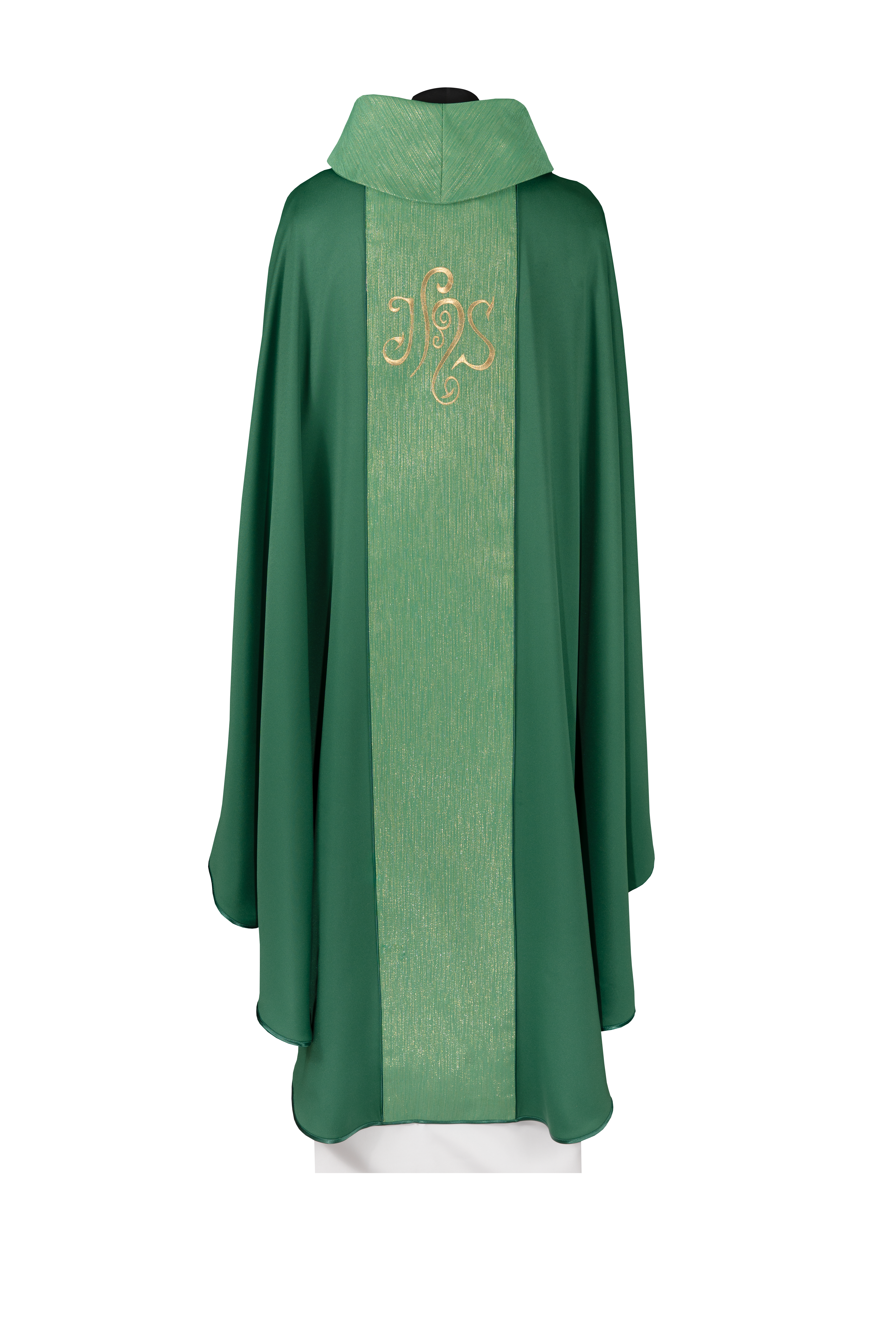 Green chasuble adorned with a decorative band and embroidered IHS symbol