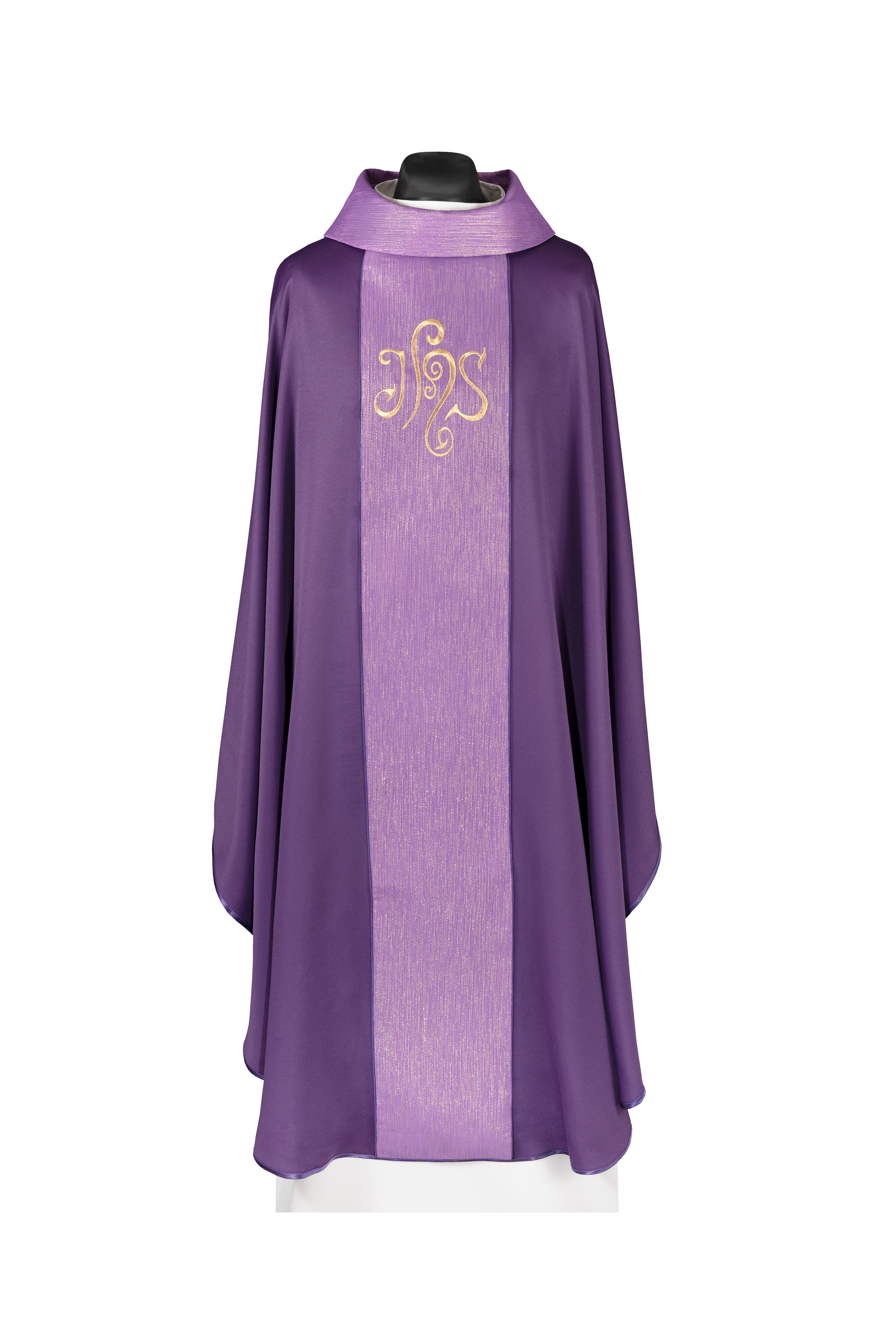 Purple chasuble adorned with a decorative band and embroidered IHS symbol