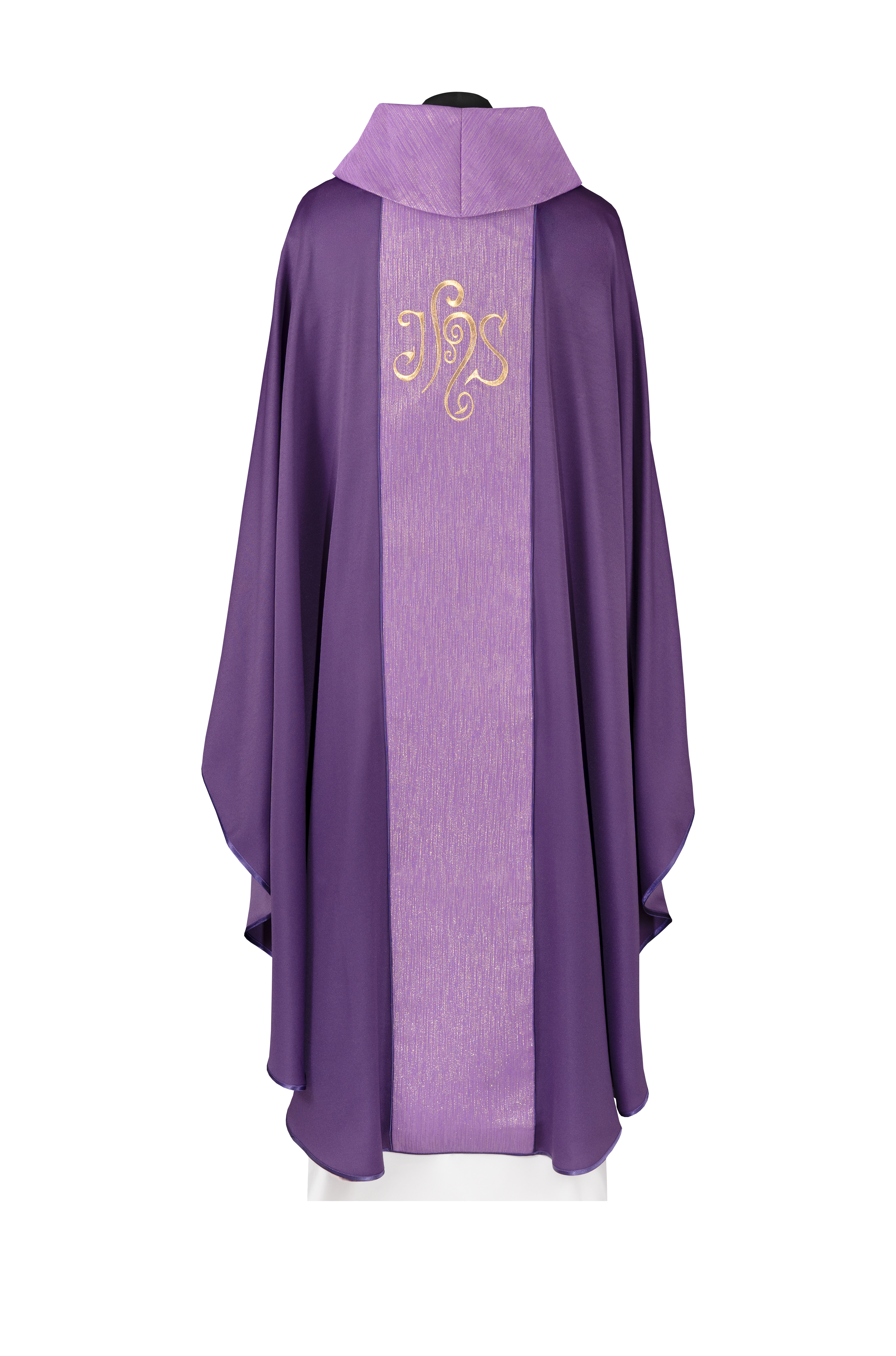 Purple chasuble adorned with a decorative band and embroidered IHS symbol