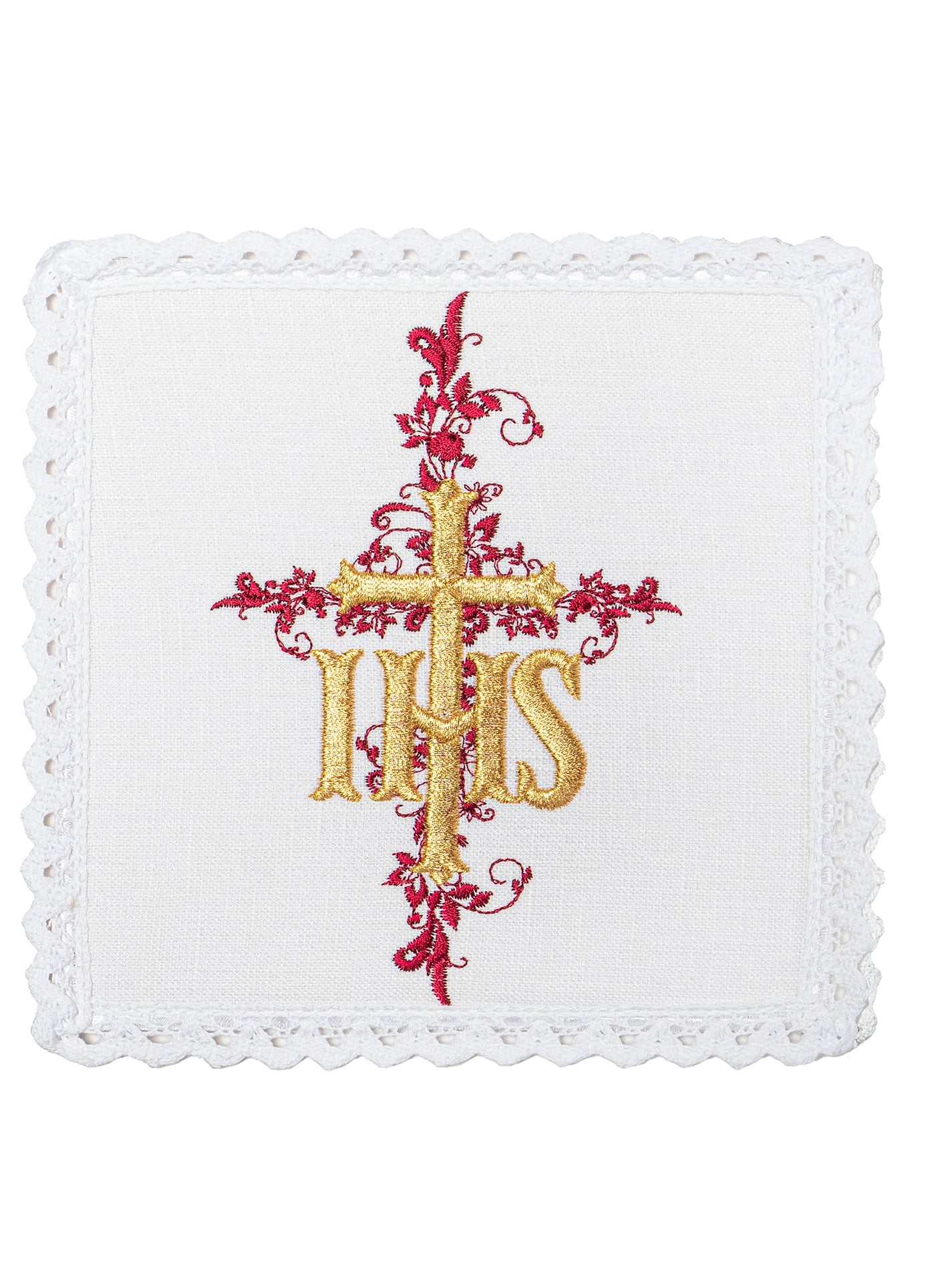 Mass linen chalices set with red cross and gold IHS - HAFTINAUSA.COM