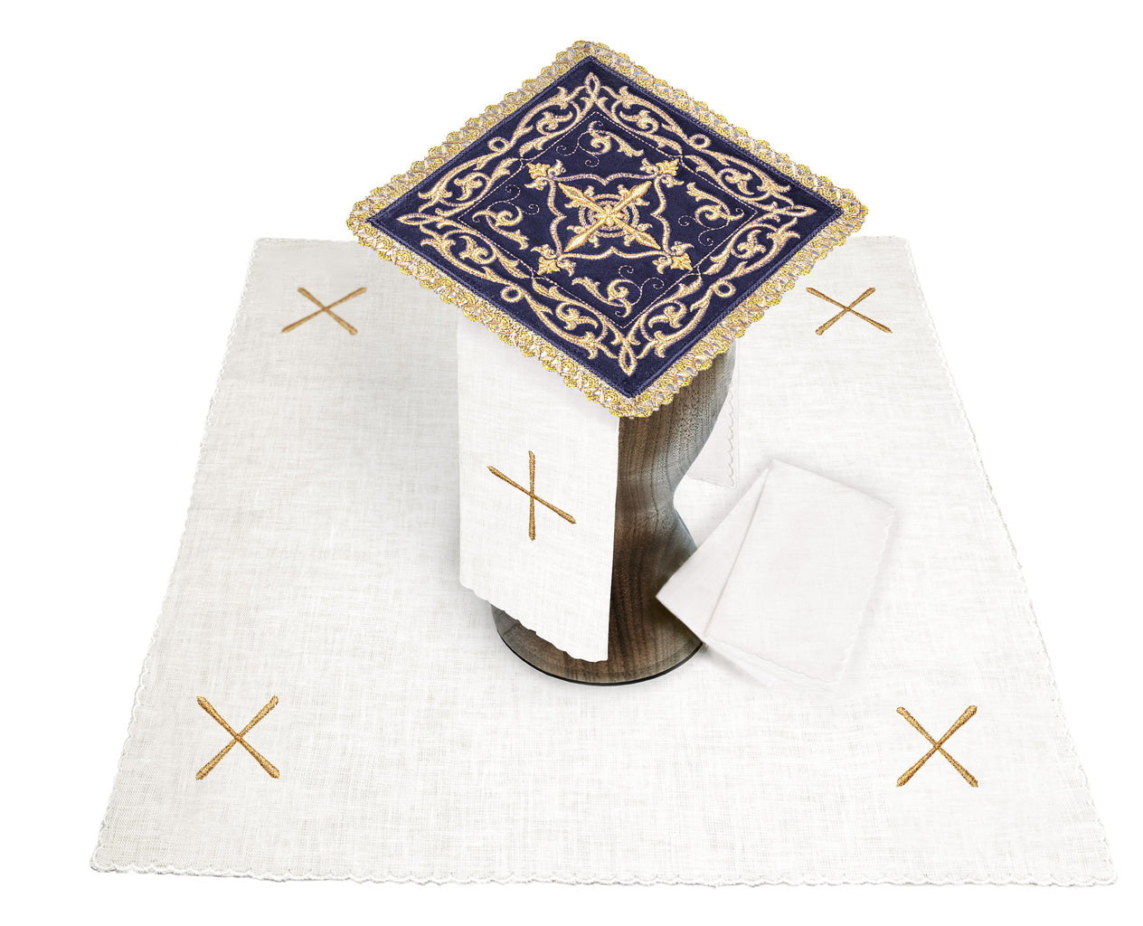 Set of linen chalice's linens with gold cross embroidery