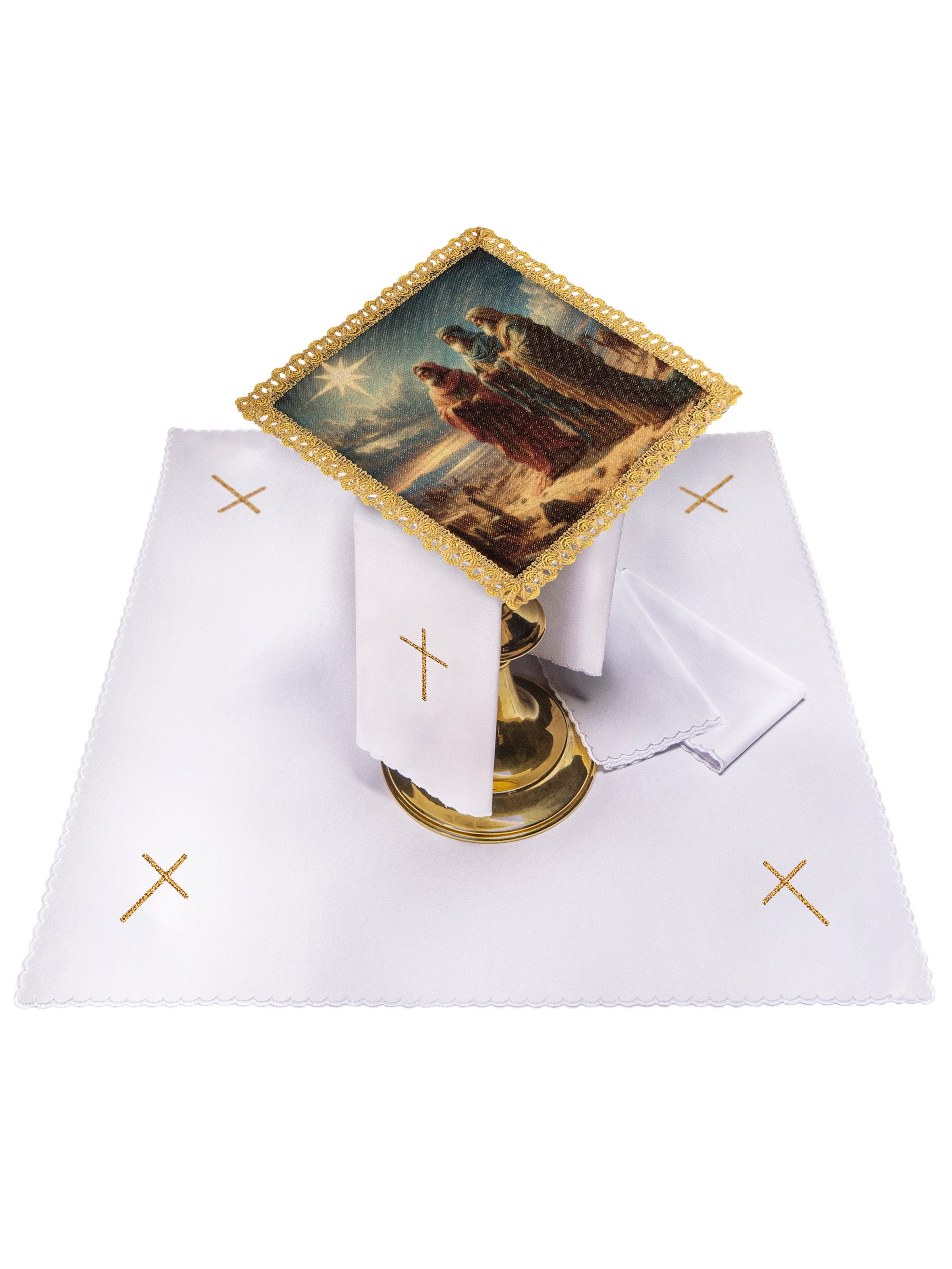 Chalice linens with a pall depicting the Three Kings