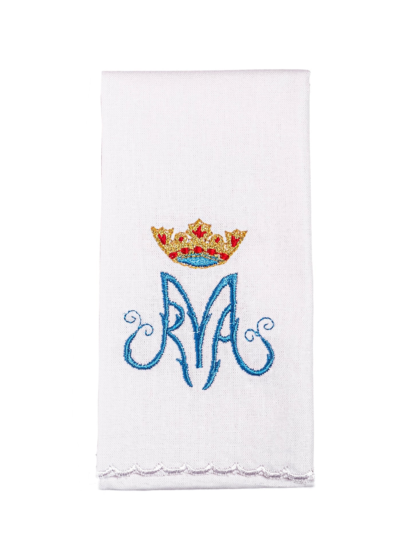 Chalice Linens with blue and gold Marian symbol - HAFTINAUSA.COM