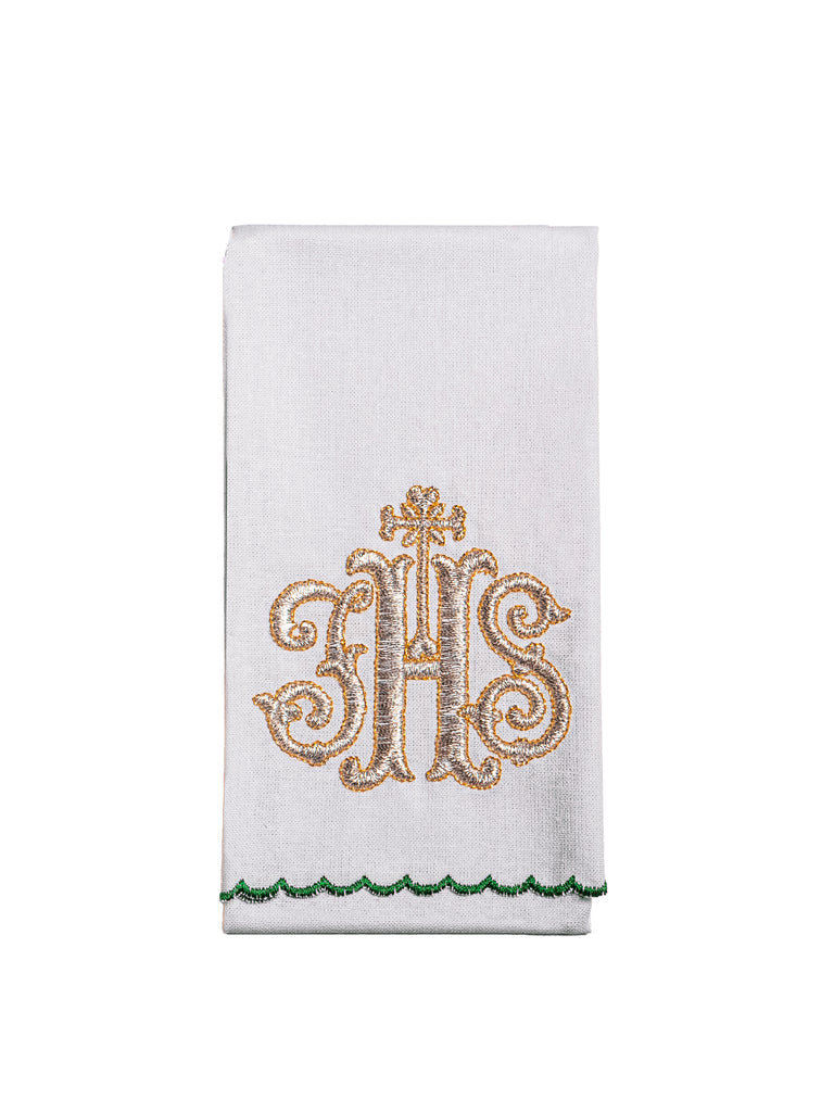 Chalice Linens Embroidered in Green with IHS