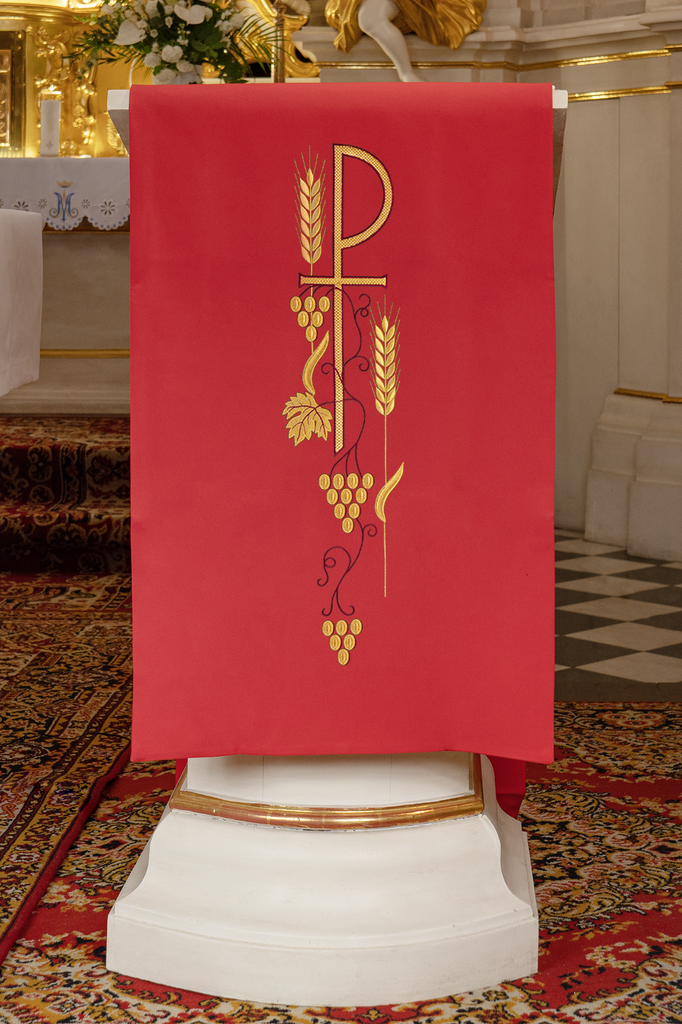 Lectern cover with embroidered PAX symbol in red