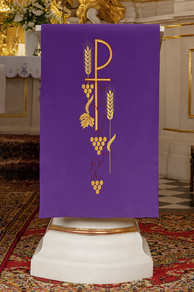 Lectern cover with embroidered PAX symbol in purple