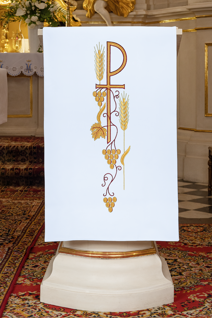 Lectern cover with embroidered PAX symbol in white