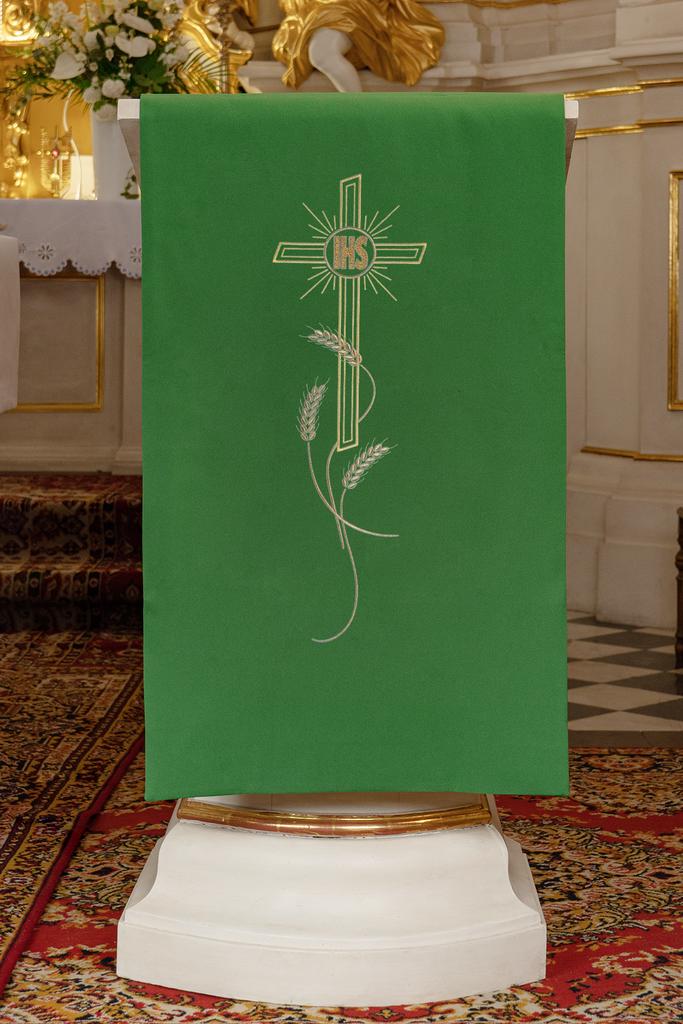 Lectern cover embroidered with a Cross and IHS motif in green