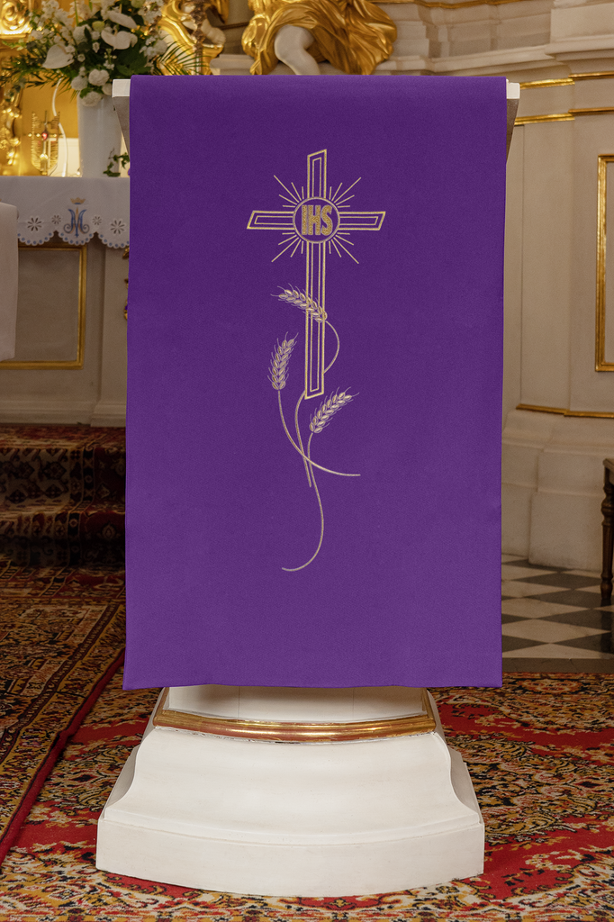 Lectern cover embroidered with a Cross and IHS motif in purple