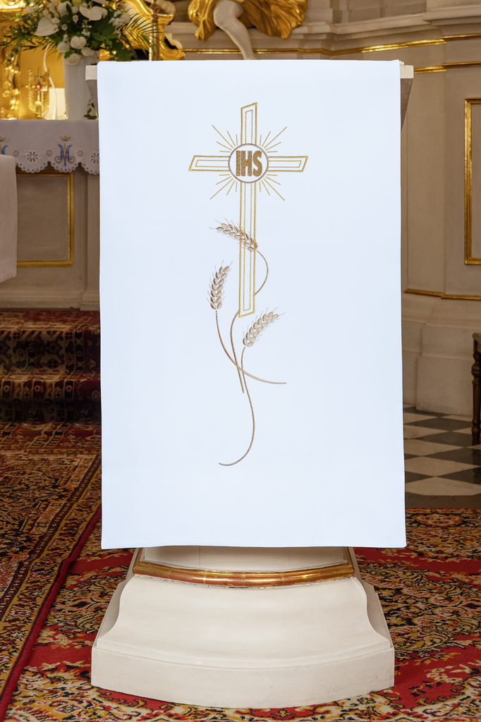 Lectern cover embroidered with a Cross and IHS motif in white
