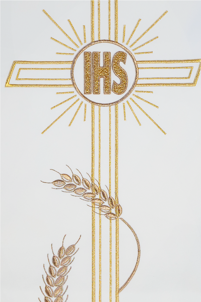 Lectern cover embroidered with a Cross and IHS motif in ecru