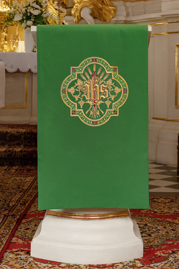Lectern cover with golden embroidery IHS in green